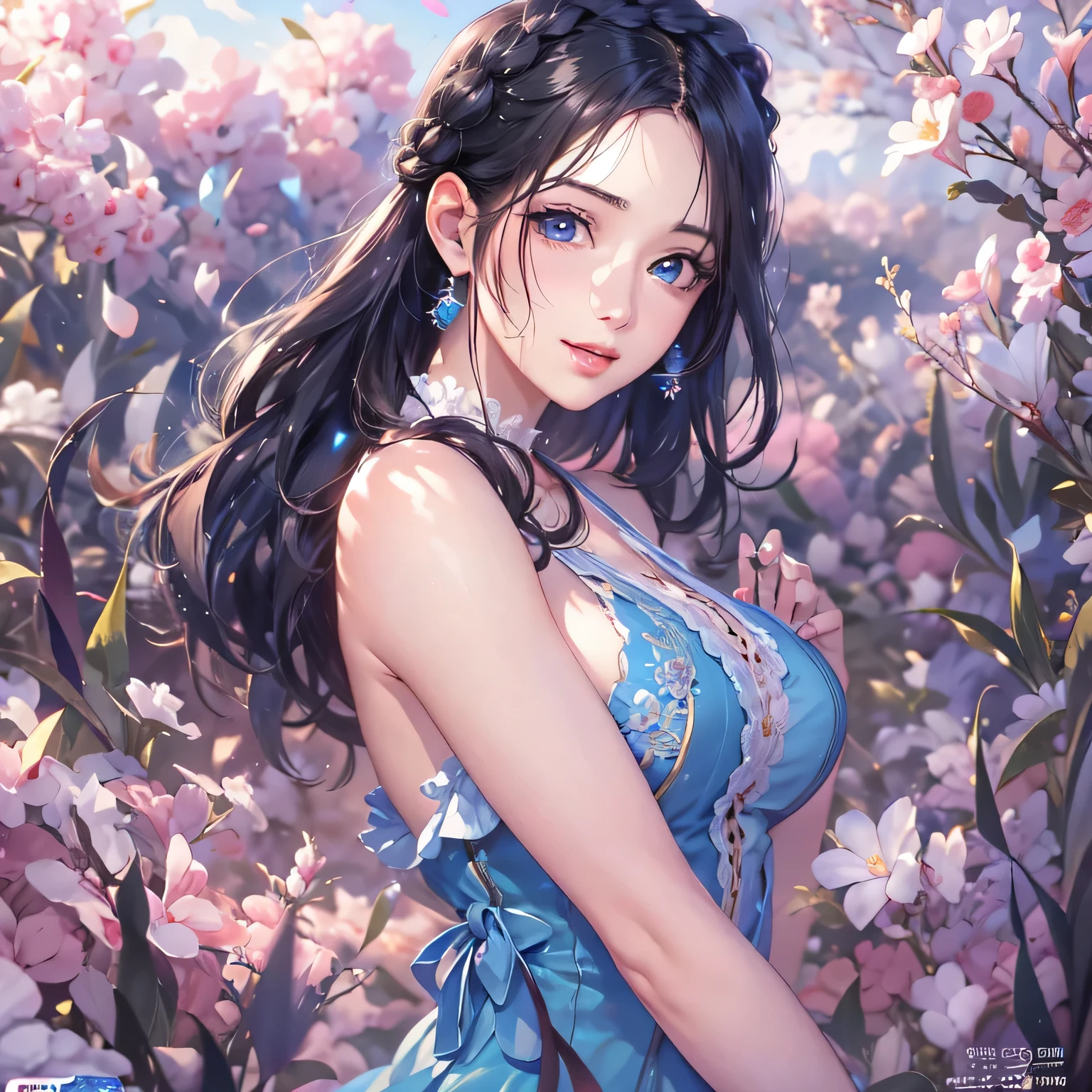 masterpiece、highest quality、High resolution、High-quality images、8k, 1 female、Skin Radiance、Texture of skin and clothing、Expression of fine eyes、Shiny light black hair,Girl with long braided hair, Manga inspired by Lee Jong-suk, Trending on deviantart, realism, detailed manga style, Manga art style, Perfect Line Drawing, Beautiful line art, digital manga art girl, K-POPアイドル, one piece,Large Breasts,Beautiful dark blue eyes, Lips become thicker, Gorgeous face with attention to detail, (Cute Smile), charm, Innocent, Side view, (Perfectly detailed face), (Beautiful Hands) Photorealistic images, Written boundary depth, Princess Hairstyles, Lying on the grass ,Romanticism,