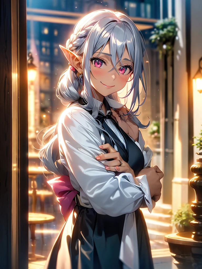 An elf woman, very dark tanned skin, beautiful silver hair, pointed ears, beautiful red eyes, thick pink lips, hair tied up with a hair tie, dark blue jacket, business suit, long skirt, business office. Inside, night, night view window, upper body description, gentle smile, smiling face, open lips, close-up