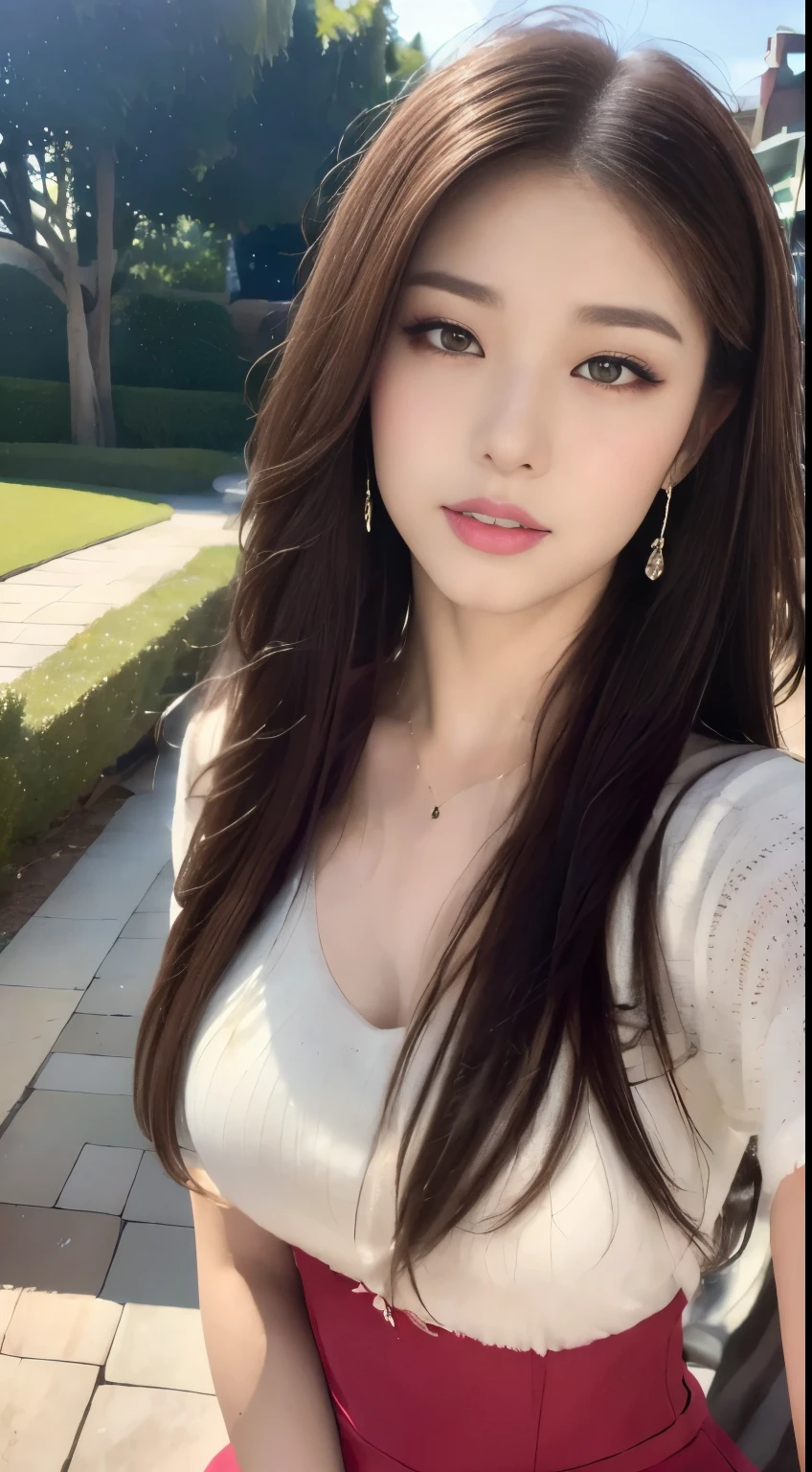 ((highest quality, 8k, masterpiece :1.3)), One Girl, Selfie, close, close your eyes:1.2,Red lipstick, Slim face, Beautiful woman, Big Breasts:1.3,Pink blouse,Violet Flared Skirt,Highly detailed face, fine grain, double eyelid,  Blur the background, outside, street, sunny, Ocean, nature,Cafe, (Maximum resolution: 1.4), (Ultra high definition: 1.2), Cinematic Light, (Detailed eyesと肌), (Detailed facial features), 8k resolution, Perfect Style, Beautiful expression、Highly detailed faceと肌の質感、Detailed eyes、double eyelid、Glitter Eyeliner:1.2、((Pure white skin:1.2)),Glossy Lips:1.2、((Full Body Shot:1.2)),(Straight Hairstyles、Light brown hair)、One-length long hair、175cm,Slim Abs