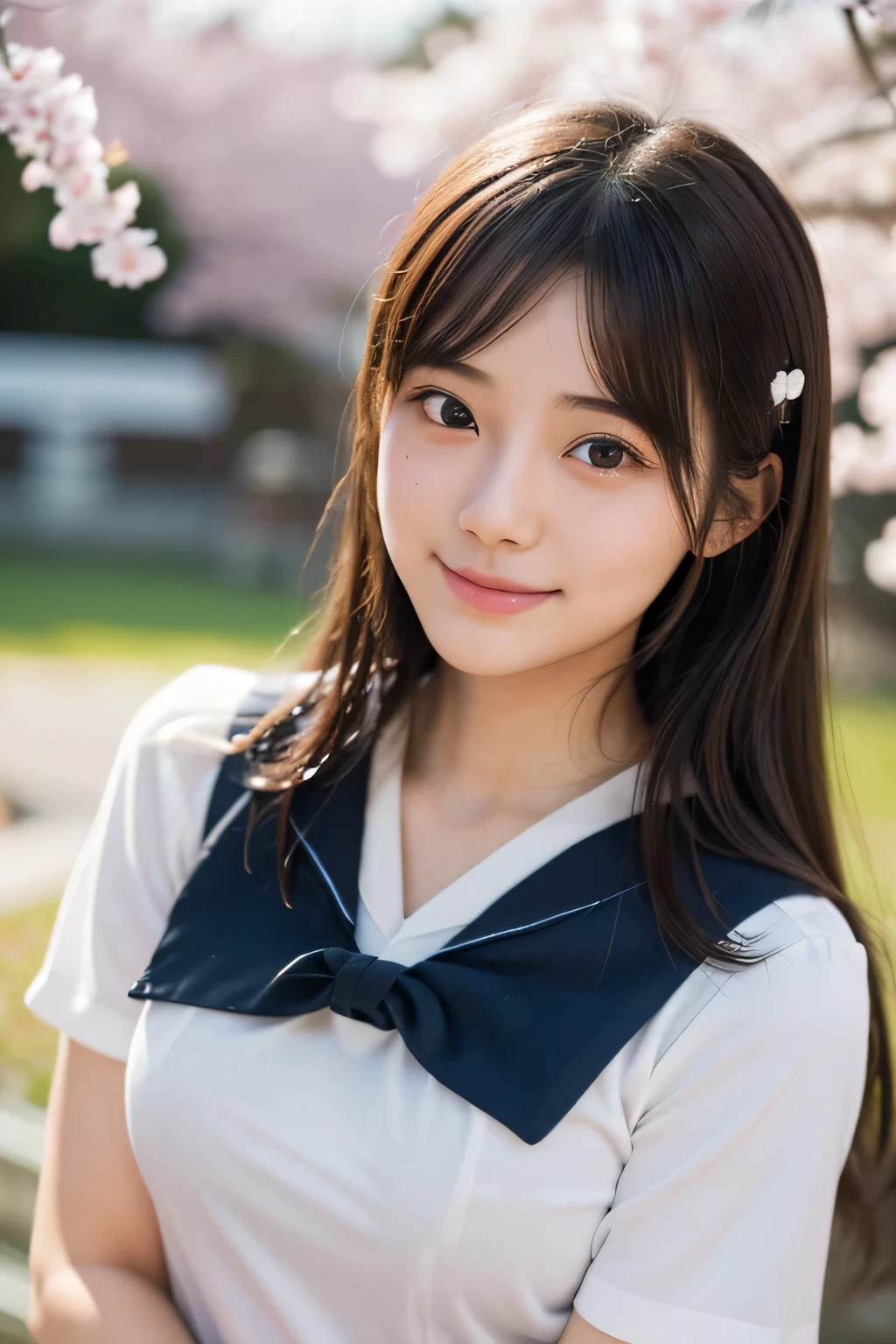 one high school girl、Delicate body shape、anatomically correct proportions, RAW shooting, 8k、(Use soft focus filter:1.8)、best quality, masterpiece, real photos, detailed face、detailed hair、18 year old beautiful girl、((Beautiful girl like a Japanese idol:1.8))、upper body photo、In the sunlight filtering through the rows of cherry blossom trees、Cherry blossom blizzard flutters、Shallow depth of field photo、happy smile、(Photo taken using a soft focus filter:1.8)、Surrounded by bright and soft light、((High school girl wearing a short-sleeved sailor uniform:1.5))、shining eyes、(A photo with a pleasantly blurred person:1.5)