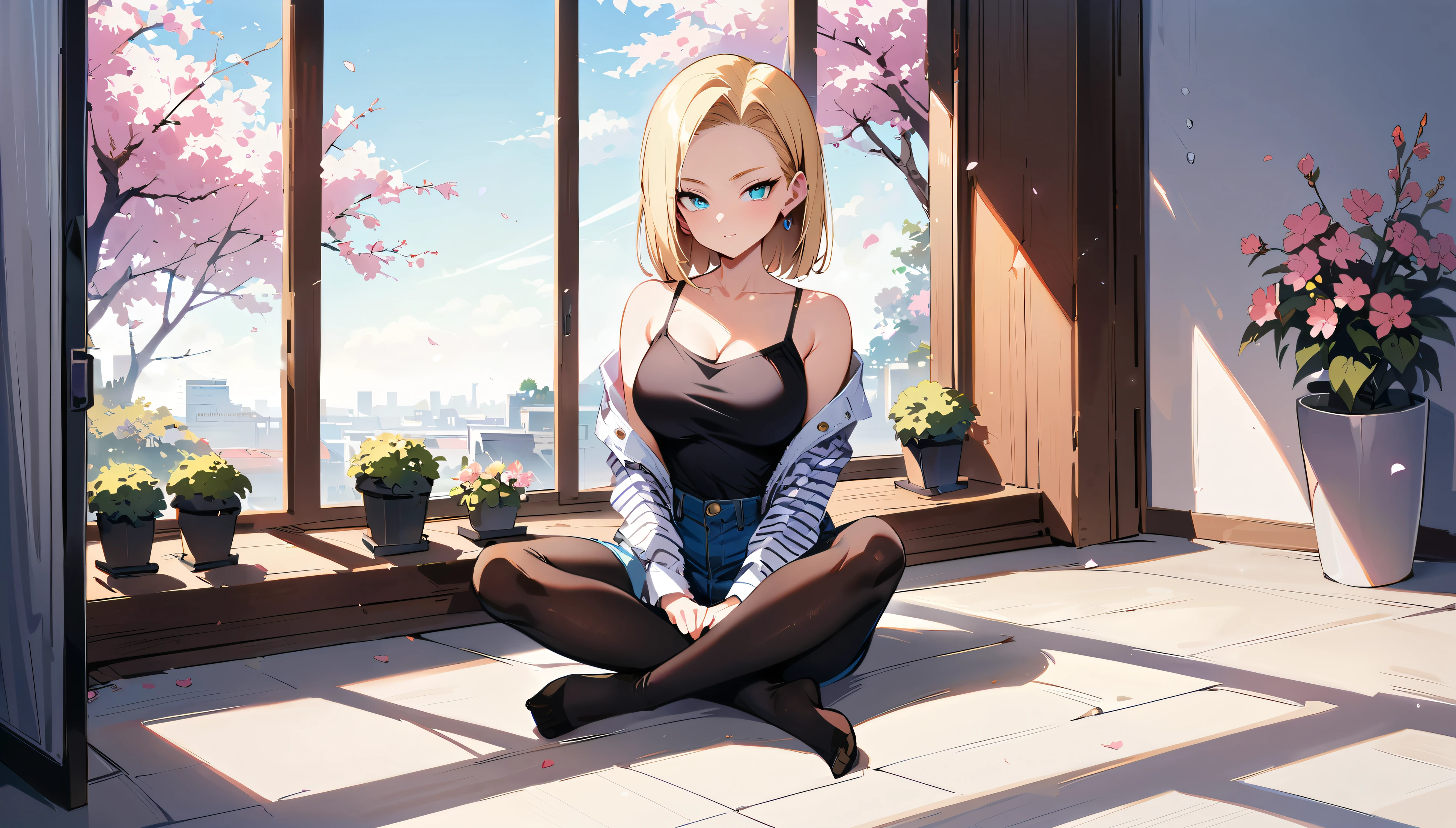 (masterpiece, best quality:1.2), frontal full body shot, Android 18 from Dragon Ball, slender feminine figure, sitting with legs crossed at ankles, each foot on opposite thigh, facing camera, upright spine, Zen meditation pose, narrow waistline, (white headphones), short blonde hair, blue eyes, earrings, denim vest, black pantyhose, black cropped camisole, denim shorts, striped long sleeves, potted plant behind, small potted plant foreground, minimalist white room, window with cherry blossoms outside, 4K