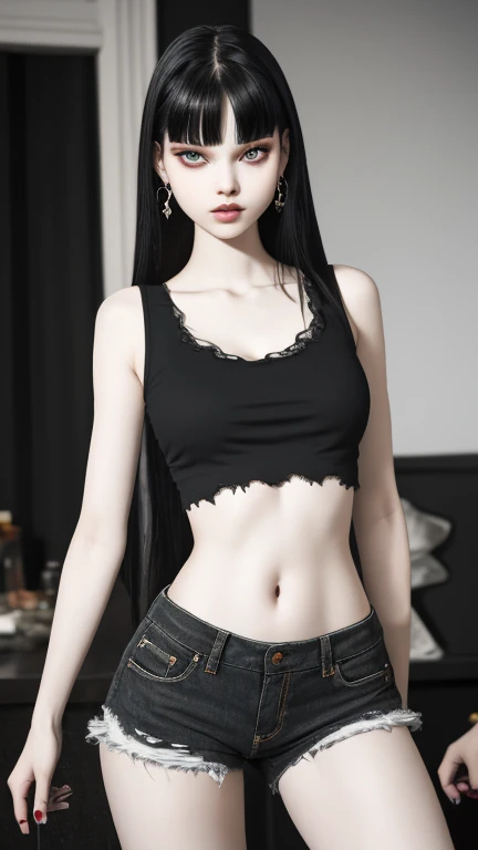 Ultra realistic, real girl, 16K, best quality, High resolution, hot atmosphere, dream atmosphere, 1 girl, 18 years old, Long messy black hair, cute bangs over the forehead, evil eyes, sexy eyes look, pale white skin, light grey skin, wearing alternative black outfit, earrings, fit slim body, big natural breasts, realistic slim hot body, tall and hot girl, seductive, sensual posture, big hips, thick legs, torn clothes, blurred background, Depth, dream aesthetic, Atmosphere of dream, cinematic lighting. 