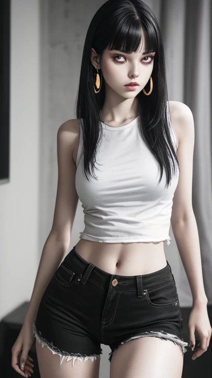 Ultra realistic, real girl, 16K, best quality, High resolution, hot atmosphere, dream atmosphere, 1 girl, 18 years old, Long messy black hair, cute bangs over the forehead, evil eyes, sexy eyes look, pale white skin, light grey skin, wearing alternative black outfit, earrings, fit slim body, big natural breasts, realistic slim hot body, tall and hot girl, seductive, sensual posture, big hips, thick legs, torn clothes, blurred background, Depth, dream aesthetic, Atmosphere of dream, cinematic lighting. 