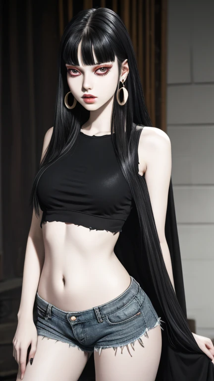 Ultra realistic, real girl, 16K, best quality, High resolution, hot atmosphere, dream atmosphere, 1 girl, 18 years old, Long messy black hair, cute bangs over the forehead, evil eyes, sexy eyes look, pale white skin, light grey skin, wearing alternative black outfit, earrings, fit slim body, big natural breasts, realistic slim hot body, tall and hot girl, seductive, sensual posture, big hips, thick legs, torn clothes, blurred background, Depth, dream aesthetic, Atmosphere of dream, cinematic lighting. 