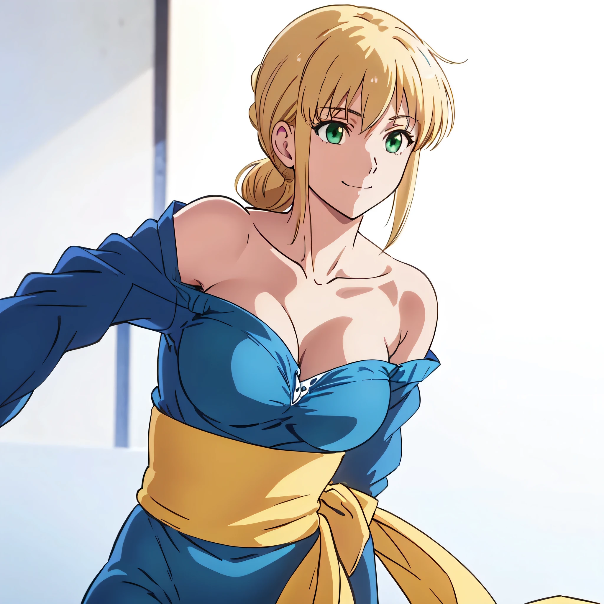 masterpiece、highest quality、Anime Women、solo、Watching the audience、smile、Blonde、eyelash、Green Eyes、single hair bun、Braided ponytail、Blue ribbon、Big Breasts、cleavage、A woman with very large breasts、collarbone、Blue bodysuit、Off the shoulder、Long sleeve、yellow sash、