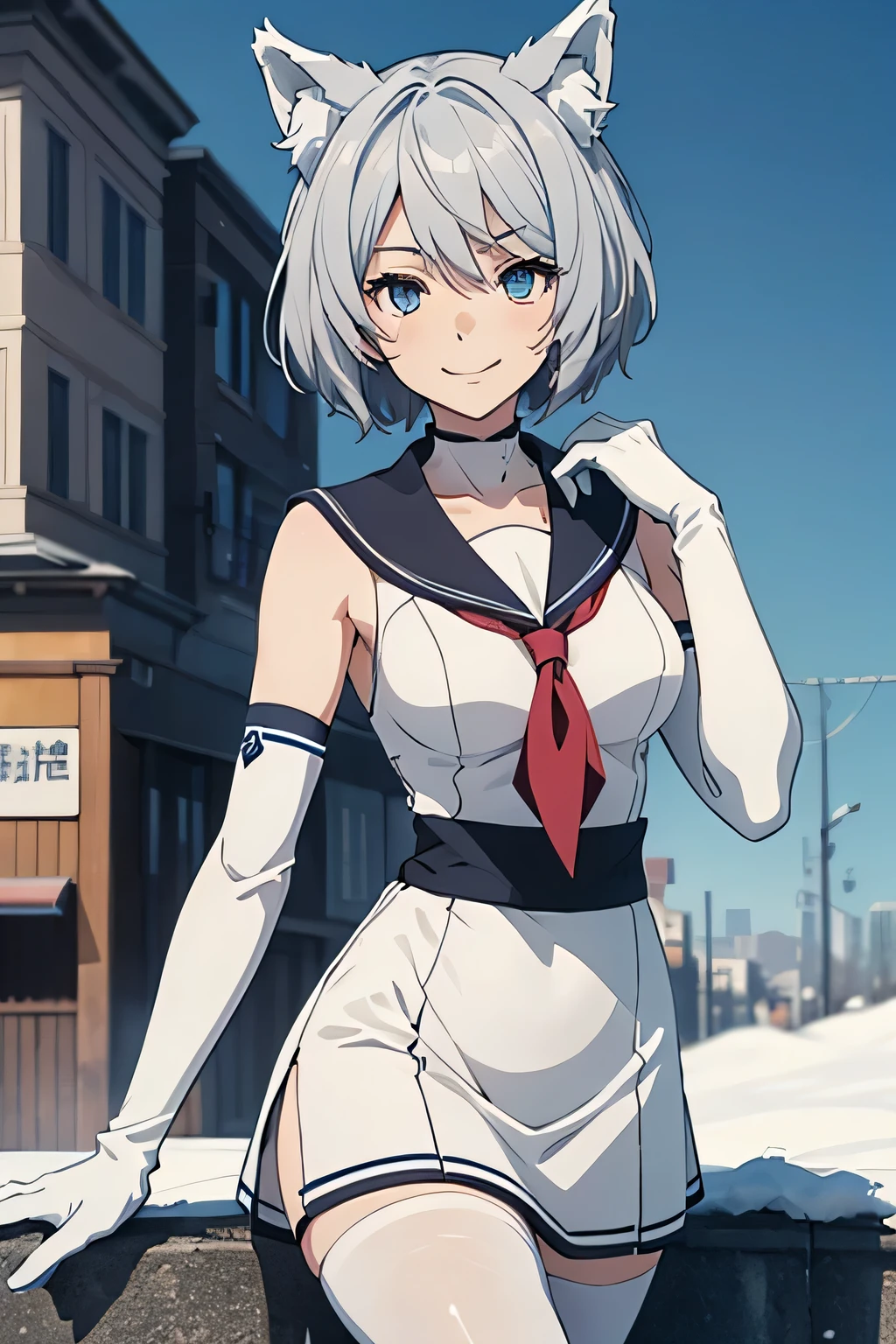 Tabletop　 Best image quality　wonderful　Attention to detail　One Young Woman（（Adult））Anime Style　White Sailor Suit（Sleeveless）　snow-white gloves（Elbow Gloves）　White Pantyhose（Plain）　Wolf Ears　short hair（（Shortcuts）（Gray Hair）（Curly Hair）（fluffy））　smile（Happy）　Eye color is blue　background（Building district）　season（summer）