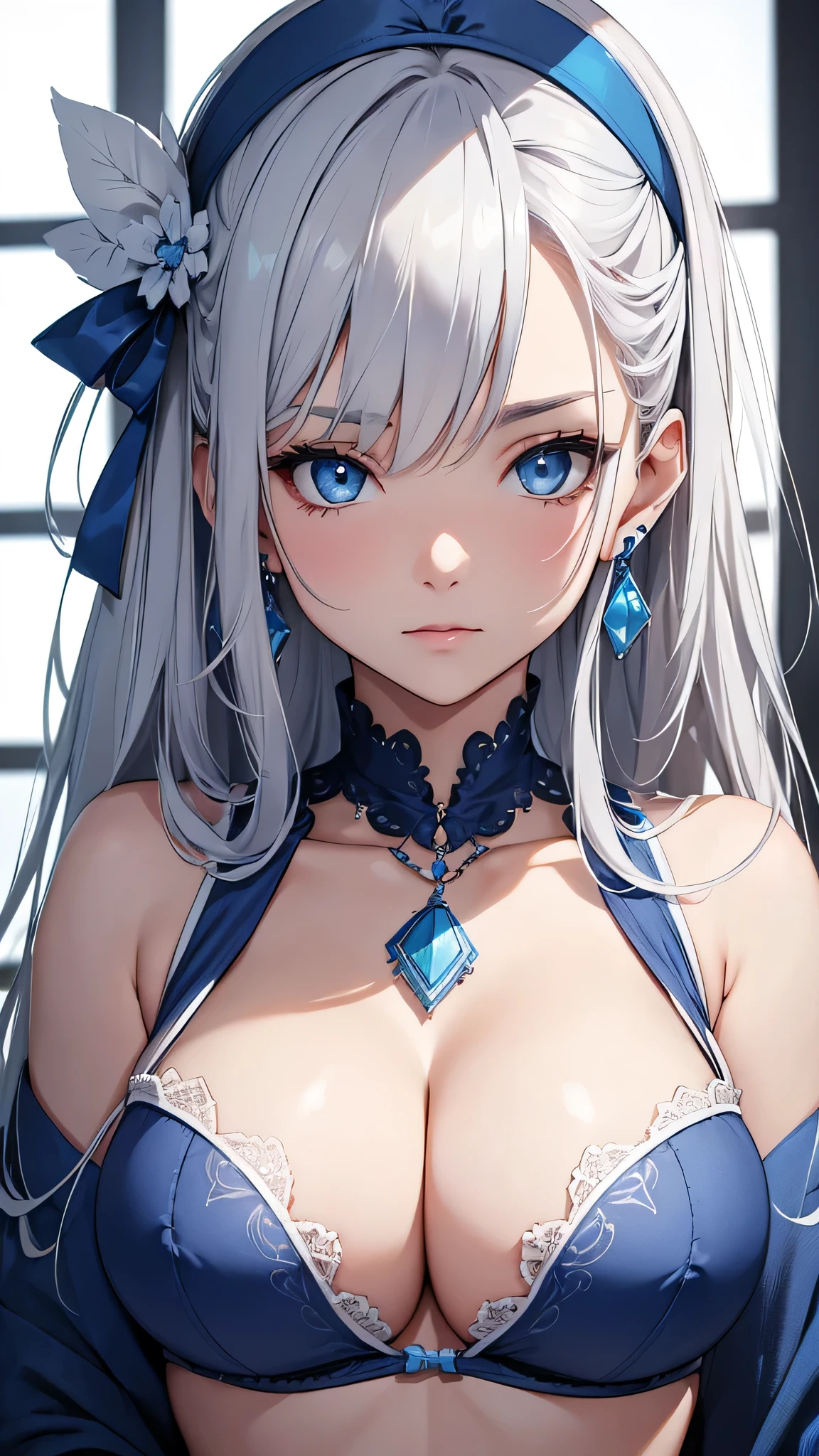 Beauty, Gray Hair, blue eyes, White ?????????, Big ????、to close range、Blue Necklace、Blue earrings、head band
