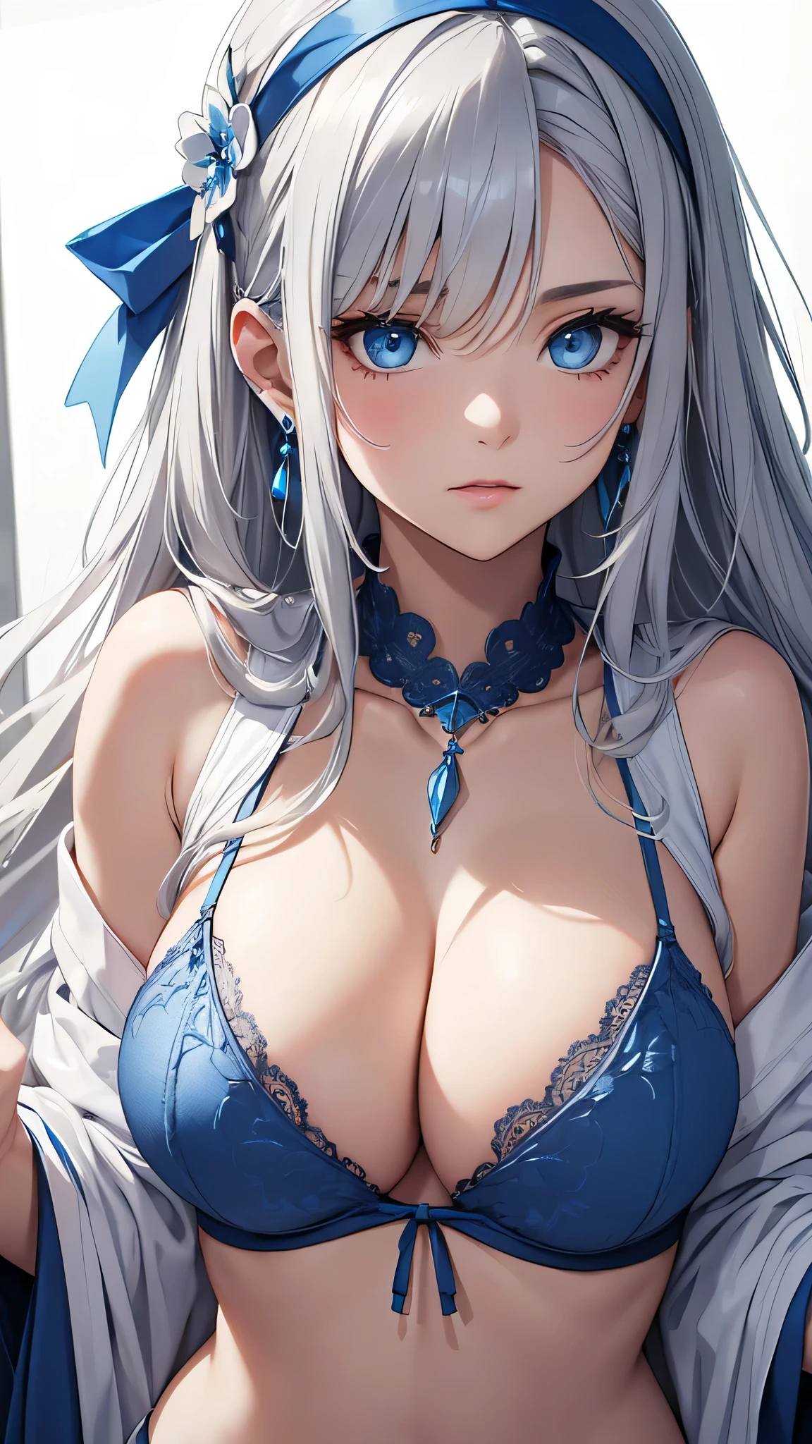 Beauty, Gray Hair, blue eyes, White underwear, Big Tits、to close range、Blue Necklace、Blue earrings、head band