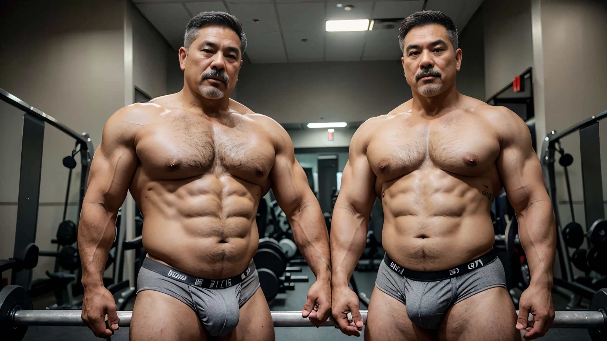 2 Vietnamese grandfathers with gray hair, mature face, a thick gray mustache, a short gray chin beard, bear body, wearing a massive bulging gray jockstraps stand in the gym, have belly, big muscular chest, a sexy pose, show underwear.
