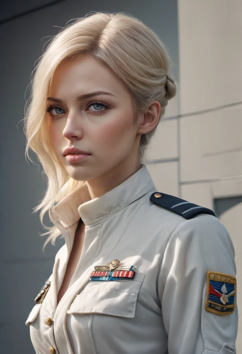 Movie cover image,Like a real person,polite dress,war warrior action cover picture),(Film Reference Foundation : 1.8 ),actual,White Air Force Universal Uniform,(realistic face resolution),cinematic pose,AS-Adult,Skinny,small,1 Woman with deep blonde hair,serius face,scientific fiction,sci-fy,Different roles