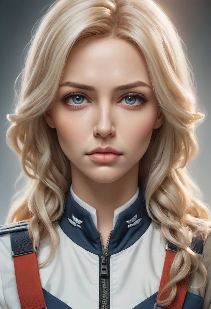 Movie cover image,Like a real person,polite dress,war warrior action cover picture),(Film Reference Foundation : 1.8 ),actual,White Air Force Universal Uniform,(realistic face resolution),cinematic pose,AS-Adult,Skinny,small,1 Woman with deep blonde hair,serius face,scientific fiction,sci-fy,Different roles