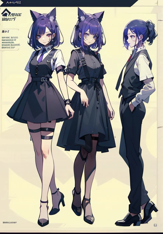 ((Perfect Face)),Purple Hair,Shortcuts,Adult female,bartender,((Body Harness)),Black vest,((Shirt with rolled up sleeves)),tie,((slit)),High heels,((Simple Background)),smile,((full body)),((Full Body)),upright,,Both arms are down,