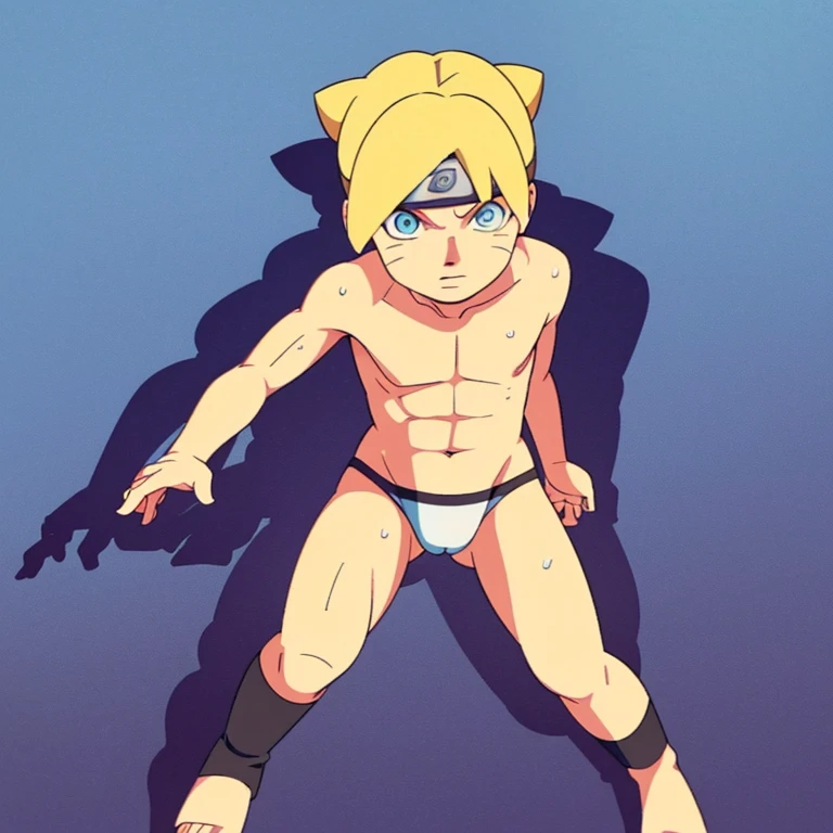 12 year boy with blond hair and blue eyes, swim briefs, very detailed, beach, only briefs, wet body, boruto uzumaki, nude top, boy chest