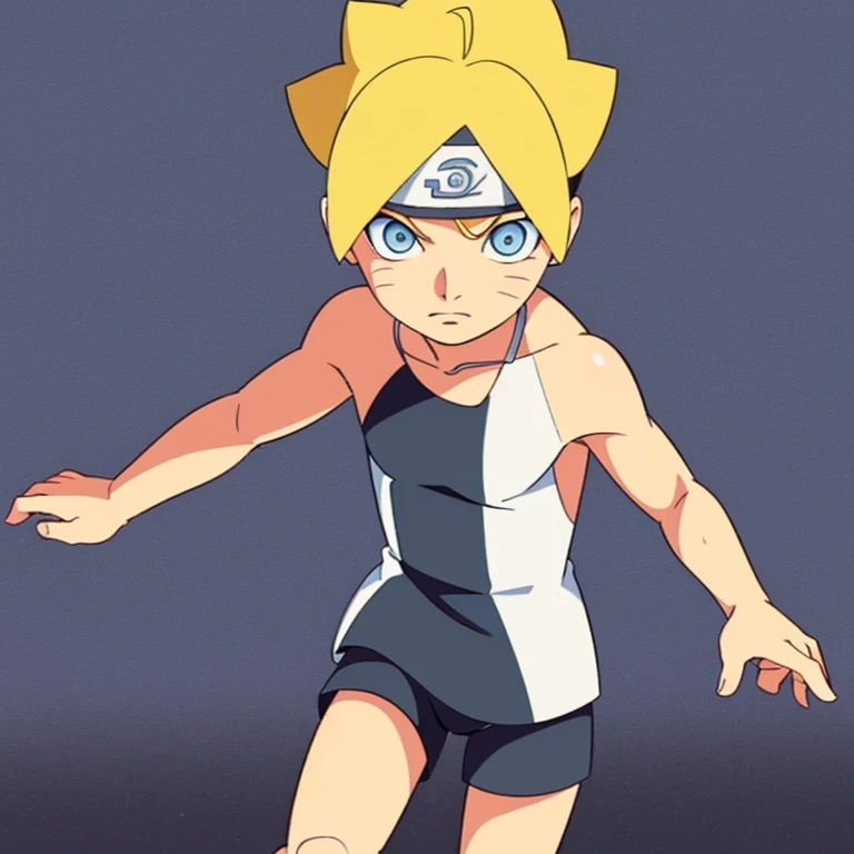 12 year boy with blond hair and blue eyes, swim briefs, very detailed, beach, only briefs, wet body, boruto uzumaki, nude top, boy chest