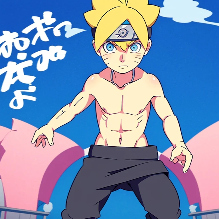 12 year boy with blond hair and blue eyes, swim briefs, very detailed, beach, only briefs, wet body, boruto uzumaki, nude top, boy chest