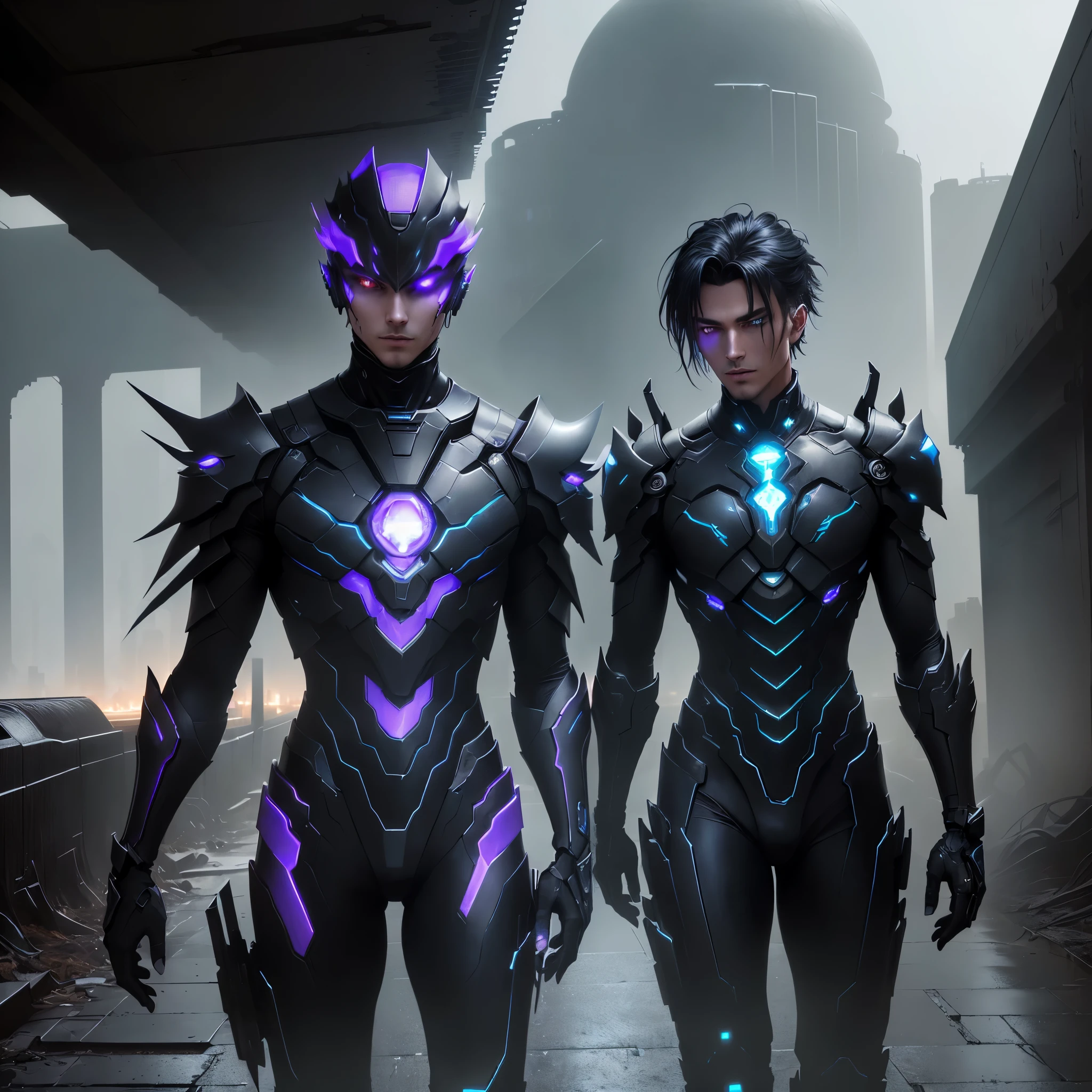 A captivating and enigmatic figure emerges from the shadowy depths of Riven Drain, his presence undeniable. His eyes, an eerie glowing purple, pierce through the darkness, radiating an intensity that leaves one both entranced and unsettled. The man's cybernetic enhancements cover a significant portion of his body, artfully blending with his sleek, futuristic attire. The cold, metal limbs seem to pulse with energy, harmonizing with the industrial environment that surrounds him.
The backdrop of Riven Drain is a breathtaking display of high-tech, industrial aesthetics. Neon lights flicker and dance among the cold