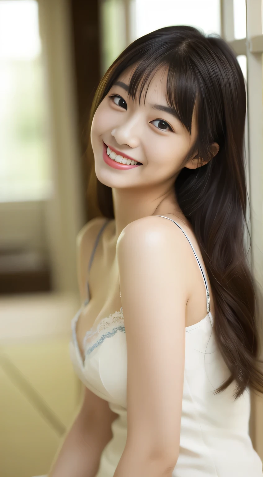masterpiece,best quality,(Japanese ),((Beautiful girl)),cleavage,indoor,(perfect body beauty:1.2),(shy smile),beautiful teeth,