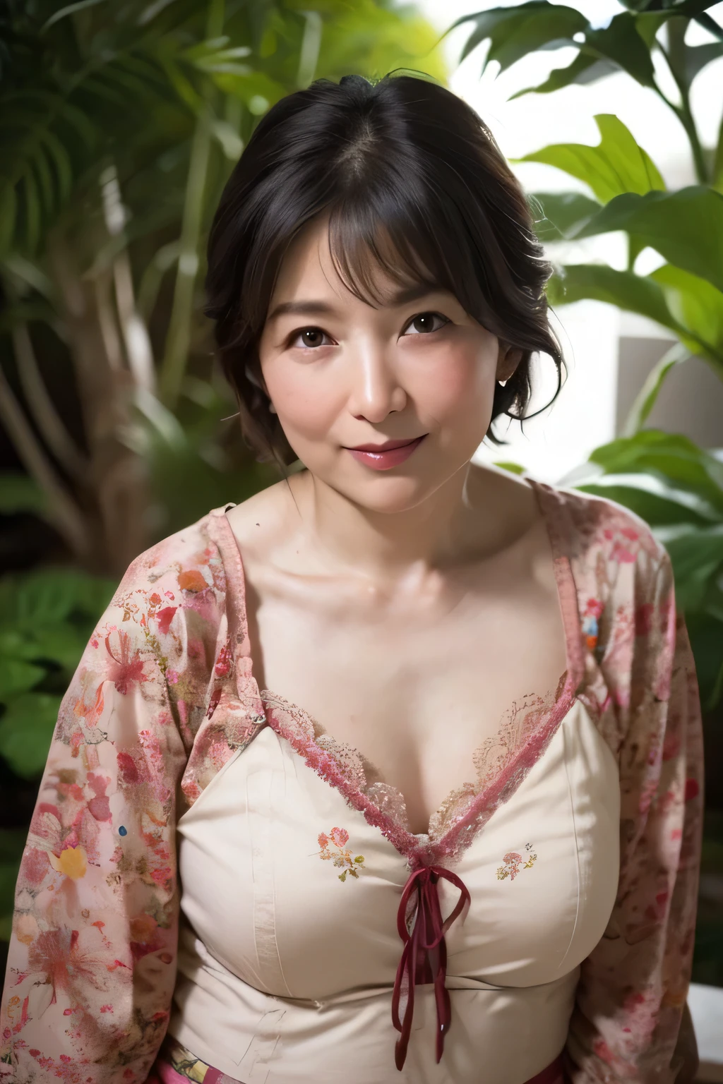 Japanese Garden,bra、highest quality,Japanese ,Realistic characters, figure, Super detailed, finely, High resolution, Detailed and beautiful eyes,Ridiculous Underwear, Center of chest, Natural color lip, Sexy pose,smile、40 year old girl,Short Hair 、Cowboy Shortcuts