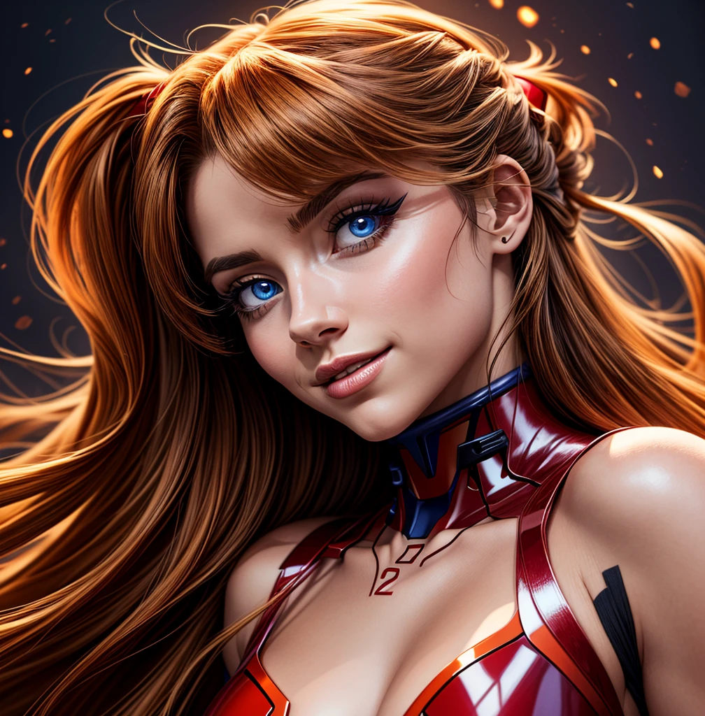 ((Asuka Langley Sohryu)), ((extremely detailed 8k illustration)), high resolution, (extremely detailed and hermoso background), pintura ultra detallada, professional illustration, Ultra-precise representation, Ultra-detailed rendering, (hermoso and aesthetic:1.2), hdr, (profundidad de campo:1.4), vistoso, vivid, hermoso detailed glow light particles, intrincado:1.4, buenas manos, manos perfectas, (mujer), Detalles de la cara:1.2, cara bonita, (Blue eyes), Hermoso rostro, ojos bonitos, ojos brillantes, labios delgados, pale and sharp eyebrows, long eyelashes, Long lower lashes, double eyelids, ((Asuka de Evangelion)), ((traje completo enchufable 02 de latex rojo con fuerte brillo metalico y superficie lisa)), highly detailed hermoso face and eyes, ((sonrisa, mirando lascivamente)), mirar al espectador, evento, (exquisite lighting and shadow), dynamic angle, DSLR, Sharp focus: 1.0, Maximum clarity and sharpness