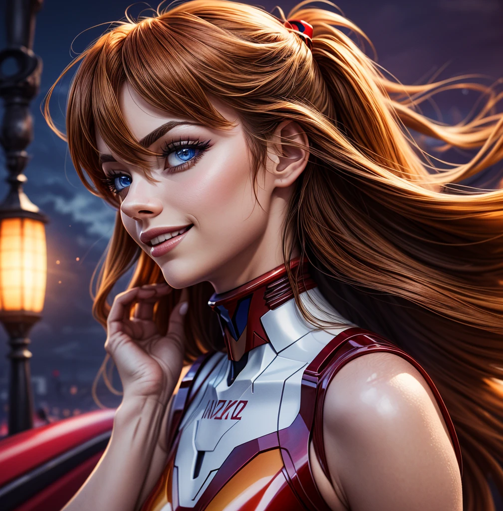((Asuka Langley Sohryu)), ((extremely detailed 8k illustration)), high resolution, (extremely detailed and hermoso background), pintura ultra detallada, professional illustration, Ultra-precise representation, Ultra-detailed rendering, (hermoso and aesthetic:1.2), hdr, (profundidad de campo:1.4), vistoso, vivid, hermoso detailed glow light particles, intrincado:1.4, buenas manos, manos perfectas, (mujer), Detalles de la cara:1.2, cara bonita, (Blue eyes), Hermoso rostro, ojos bonitos, ojos brillantes, labios delgados, pale and sharp eyebrows, long eyelashes, Long lower lashes, double eyelids, ((Asuka de Evangelion)), ((traje completo enchufable 02 de latex rojo con fuerte brillo metalico y superficie lisa)), highly detailed hermoso face and eyes, ((sonrisa, mirando lascivamente)), mirar al espectador, evento, (exquisite lighting and shadow), dynamic angle, DSLR, Sharp focus: 1.0, Maximum clarity and sharpness