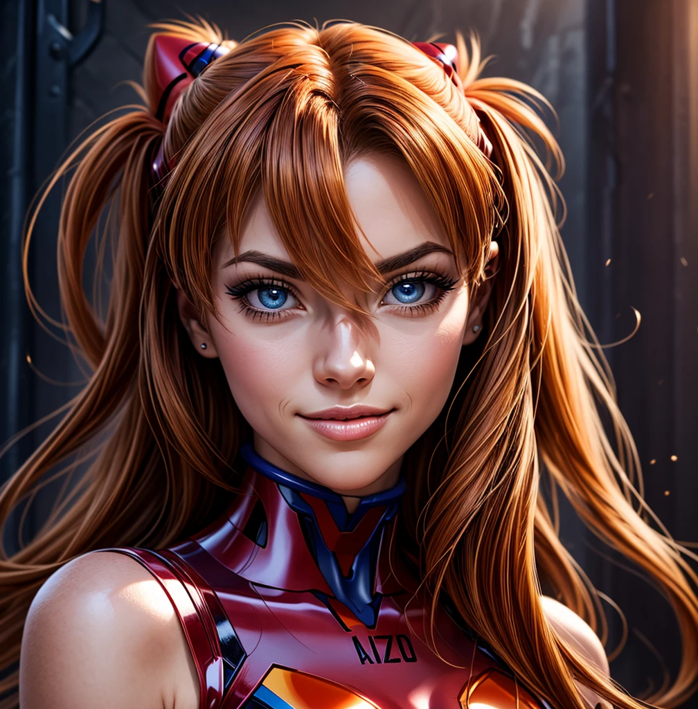 ((Asuka Langley Sohryu)), ((extremely detailed 8k illustration)), high resolution, (extremely detailed and hermoso background), pintura ultra detallada, professional illustration, Ultra-precise representation, Ultra-detailed rendering, (hermoso and aesthetic:1.2), hdr, (profundidad de campo:1.4), vistoso, vivid, hermoso detailed glow light particles, intrincado:1.4, buenas manos, manos perfectas, (mujer), Detalles de la cara:1.2, cara bonita, (Blue eyes), Hermoso rostro, ojos bonitos, ojos brillantes, labios delgados, pale and sharp eyebrows, long eyelashes, Long lower lashes, double eyelids,  ((Asuka de Evangelion)), ((traje completo enchufable 02 de latex rojo con fuerte brillo metalico y superficie lisa)), highly detailed hermoso face and eyes, ((sonrisa, mirando lascivamente)), mirar al espectador, evento, (exquisite lighting and shadow), dynamic angle, DSLR, Sharp focus: 1.0, Maximum clarity and sharpness