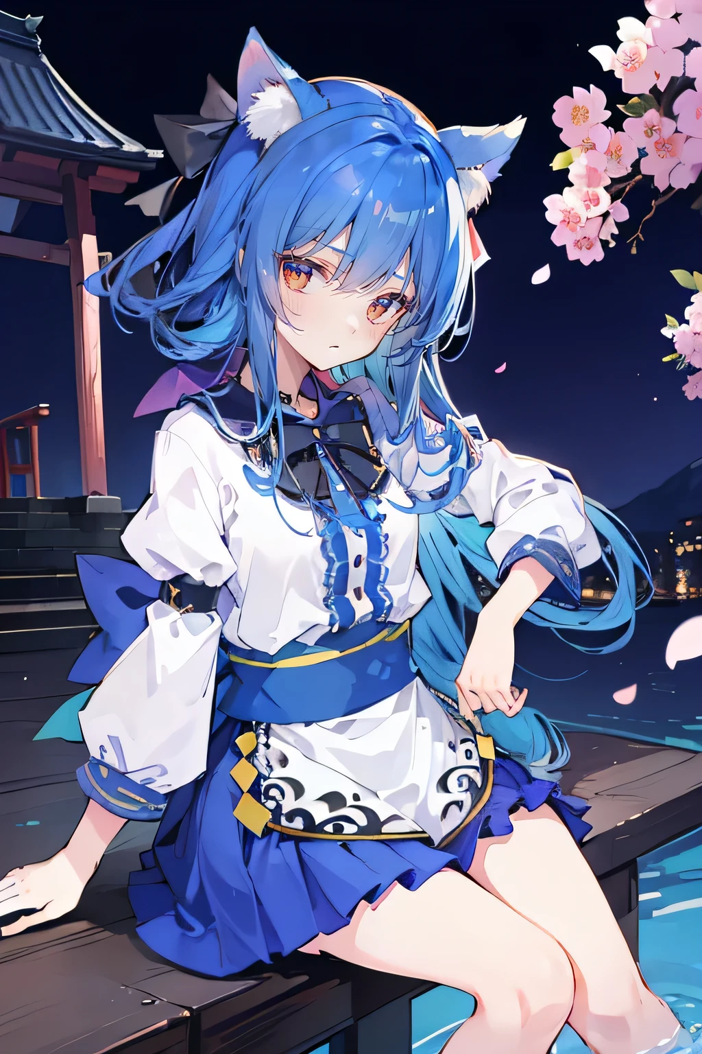 (masterpiece:1.2),ultra-detailed,realistic,expressive eyes,fair-skinned,perfectly shaped face,1girl,
Japanese cartoons,Gorgeous blue hair, flowing blue hair,floating clothes,cat ears,petals falling,beautiful Lola,Hina Angel,
hands on waist,gracefully sitting on the ground,legs crossed,gentle and serene background,cool and comfortable pavilion,night ,