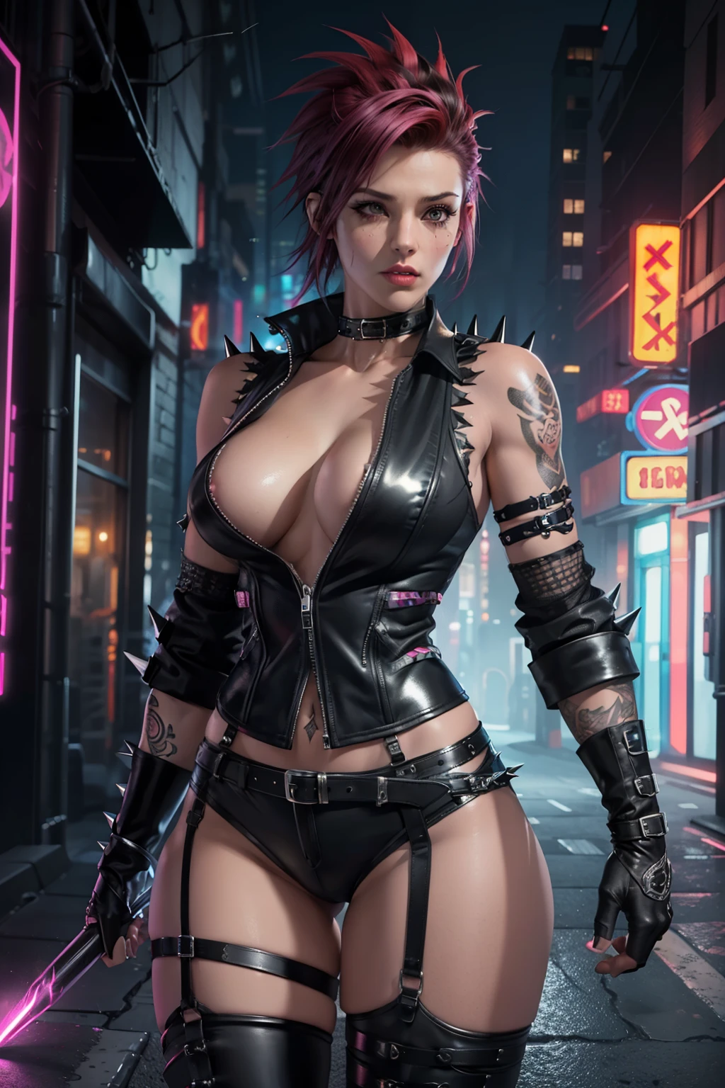 A beautiful alluring punk rock female, colorful mohawk hair, black leather straps and spikes, black leather vest, black leather spiked long gloves, black leather spiked thigh high long boots, torn fishnet socks, exposed crotch, exposed breasts, tattoos punk rock theme, at a neon lit city alley, Fiverr Dnd Character, Octane Render, Digital Art, Extreme Detail, 4k, Ultra Hd, Polished, Beautiful, Hyperdetailed, Intricate, Elaborate, Meticulous, Photorealistic, Sharp Focus, Wlop, Character Design, Unreal Engine, 3d Rendered, Volumetric Lighting, Reflections, Glossy, Digital Illustration, Sensual Pose, Suggestive Pose, Lewd, Full Body Shot, anatomically correct 💖❤💕💋❣