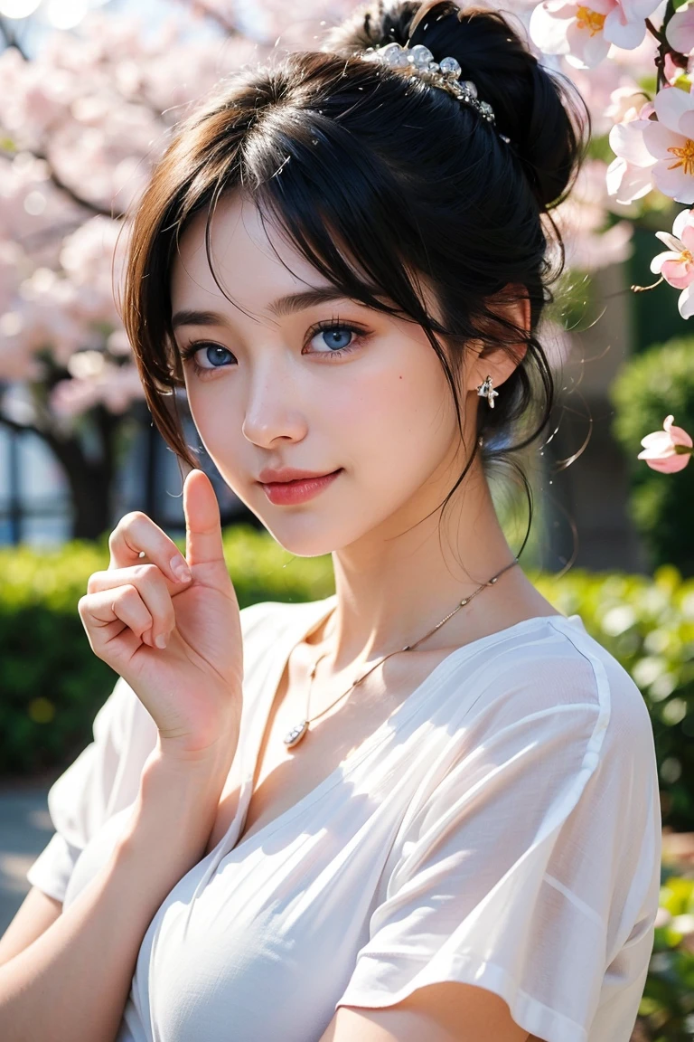 Save this image、Pale face and eyes:1.3、細くて薄いPale face and eyes:1.3, (Clear blue eyes:1.3)、{highest quality}, {{masterpiece}}, {Very delicate and beautiful}, Extraordinary light and shadow, Highly detailed wallpaper, Sunny and bright, whole body, whole body、 1 girl, , blush:1.2、(Bushy black hair:1.5)、Cut your bangs evenly at eyebrow height:1.5、Dark eyeliner、Thick eyebrows、Heavy makeup、Strong sunlight:1.5, (White T-shirt)、 Delicate Hair,Realistic skin texture,(B cup breasts)、Visible wrinkles on the skin., Broad shoulders:1.5, ((A strong light shines on your face:1.5)), Posing with her hair up:1.5, necklace、ring、earrings、(Smiling with teeth showing:1,5)、Background of a park with cherry blossoms in full bloom:1.5, Ray Tracing、Cowboy Shot:1.2、((Extend your right arm forward and give a thumbs up.))