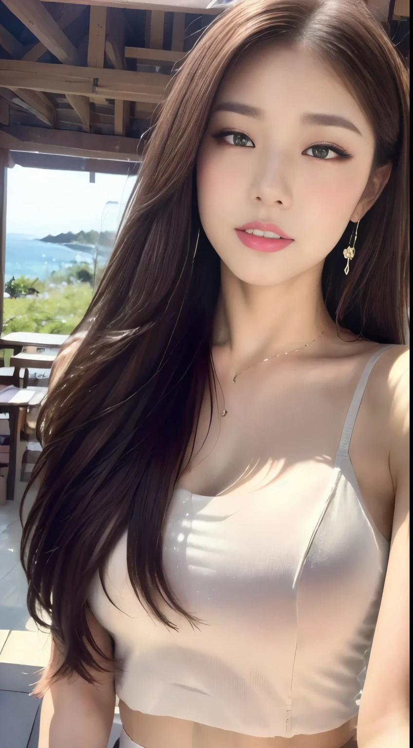 ((highest quality, 8k, masterpiece :1.3)), One Girl, close, (close your eyes:1.2),Red lipstick, Slim face, Beautiful woman, :1.3,Pink blouse,Violet Flared Skirt,Highly detailed face, fine grain, double eyelid,  Blur the background, outside, street, sunny, Ocean, nature,Cafe, (Maximum resolution: 1.4), (Ultra high definition: 1.2), Cinematic Light, (Detailed eyesと肌), (Detailed facial features), 8k resolution, Perfect Style, Beautiful expression、Highly detailed faceと肌の質感、Detailed eyes、double eyelid、Glitter Eyeliner:1.2、((Pure white skin:1.2)),Glossy Lips:1.2、((Full Body Shot:1.2)),(Straight Hairstyles、Light brown hair)、One-length long hair、175cm,Slim Abs