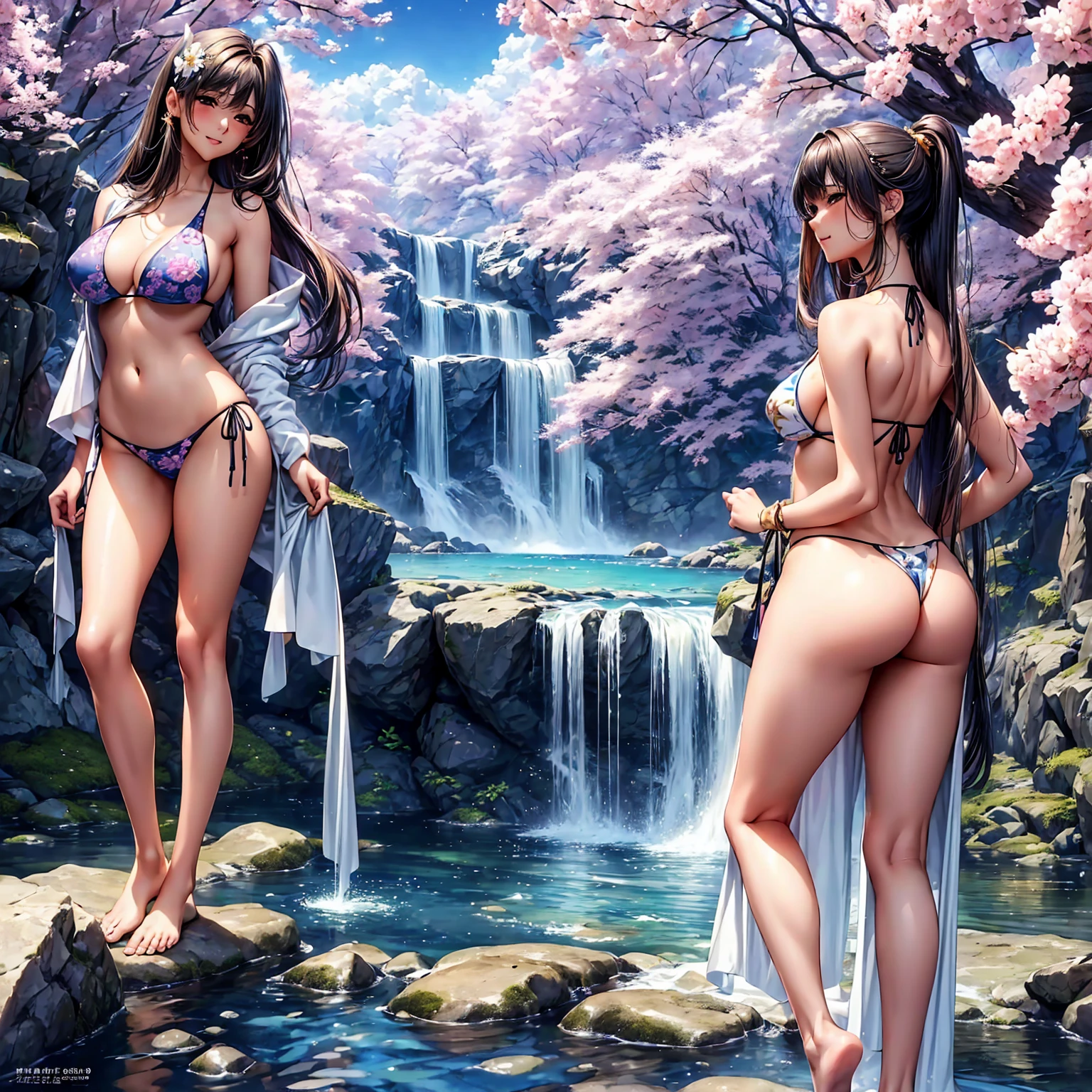(((highest quality、masterpiece、Very high resolution、Highly detailed images)))、Beauty Painting,A woman of perfect and ultimate beauty:18-year-old, Beautiful body,Beautiful breasts、Beautiful Face:smile、Various Hair Styles、Best skin and hair texture、((Thong bikini swimsuit:かわいいThong bikini swimsuit:Japanese Pattern)),Mystical Waterfront:Beautiful waterfall and flowers blooming in summer,Night Sky:Starry Sky,Natural light,Beautiful views,Beautiful colors,look back:Ass shot,Model shoot:Beautiful pose,Hair blowing in the wind,Overall image、Accurate Images、Accurate anatomy、Flawless images,Perfect image,Overall image,(Best Shot,RAW Photos:1.2)