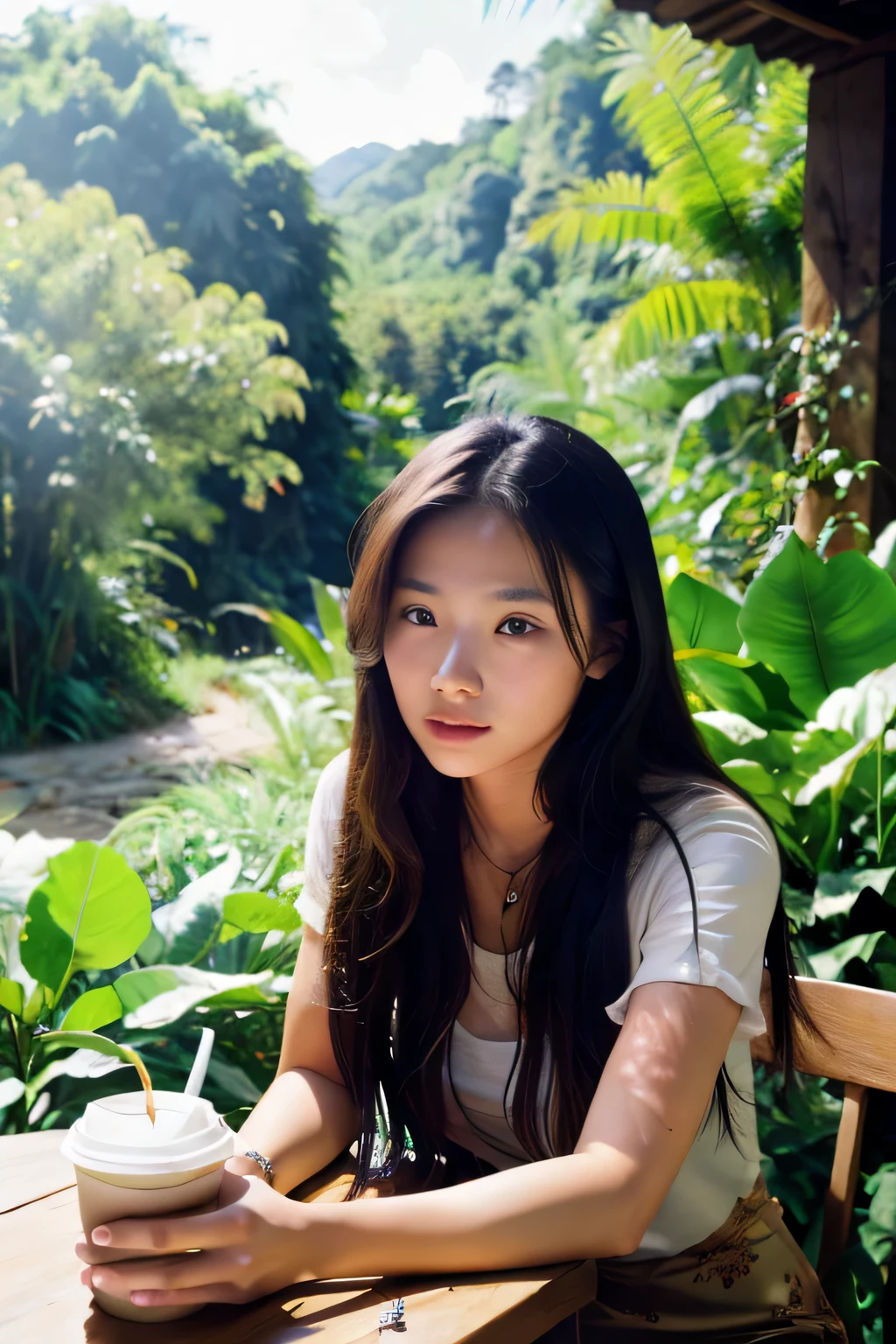 coffee shop, girl with long hair, in the middle of jungle. mountain background