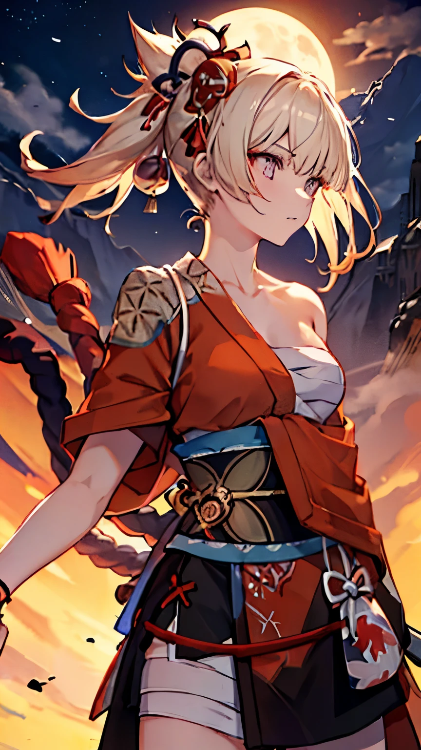 ,girl,Best image quality,,Rust-colored hair,Eye patch,Iron-colored eyes,,White skin,Long Hair,ponytail,Gardenia,Moonlit Night,Samurai,Two swords at his waist,Mountain trail,Hakama,Sarashi,bandage,kimono,