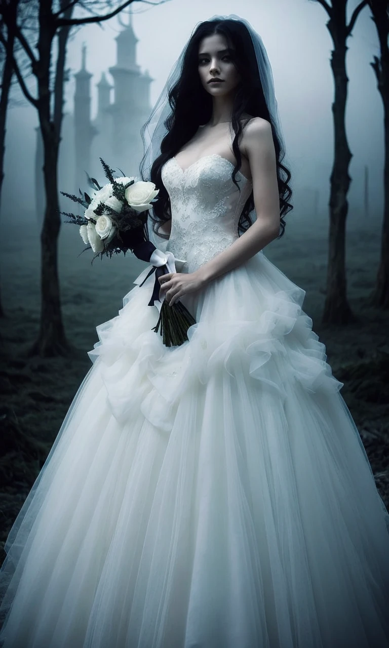 Full Body Shot, full body, Wedding dress, Hold the bouquet with both hands, Very Long Hair, long shot, (very wide shot:1.5), The Midnight Grave, Ethereal Mist, Pure white skin, Dark and eerie atmosphere, spooky atmosphere, gloomy mood, Smoky Effect, Beautiful Fear, listless, Beautiful Terror