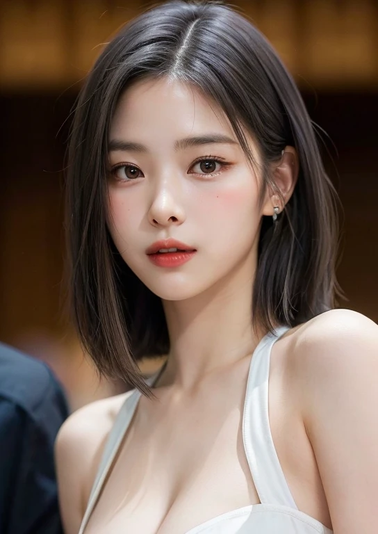 (masterpiece, highest quality、A beautiful woman with adult charm:1.4、Tilt your head),One Girl, solo, Black-haired, Realistic, Looking at the audience, Light-coloured black eyes, short hair, Lips, Lip gloss，Bans, Mouth closed, Upper body、Big eyes、Eyelashes、((Upper body naked))、((前髪ありshort hair、Big eyes、Give students a very strong highlight、Very large breasts、Staring at the audience、Very beautiful beauty、Listen carefully、Long neck、Smile a little、Please close your mouth and laugh)))、28 years old、Cute Supermodel, (((Cleavage)))、(((belly button)))