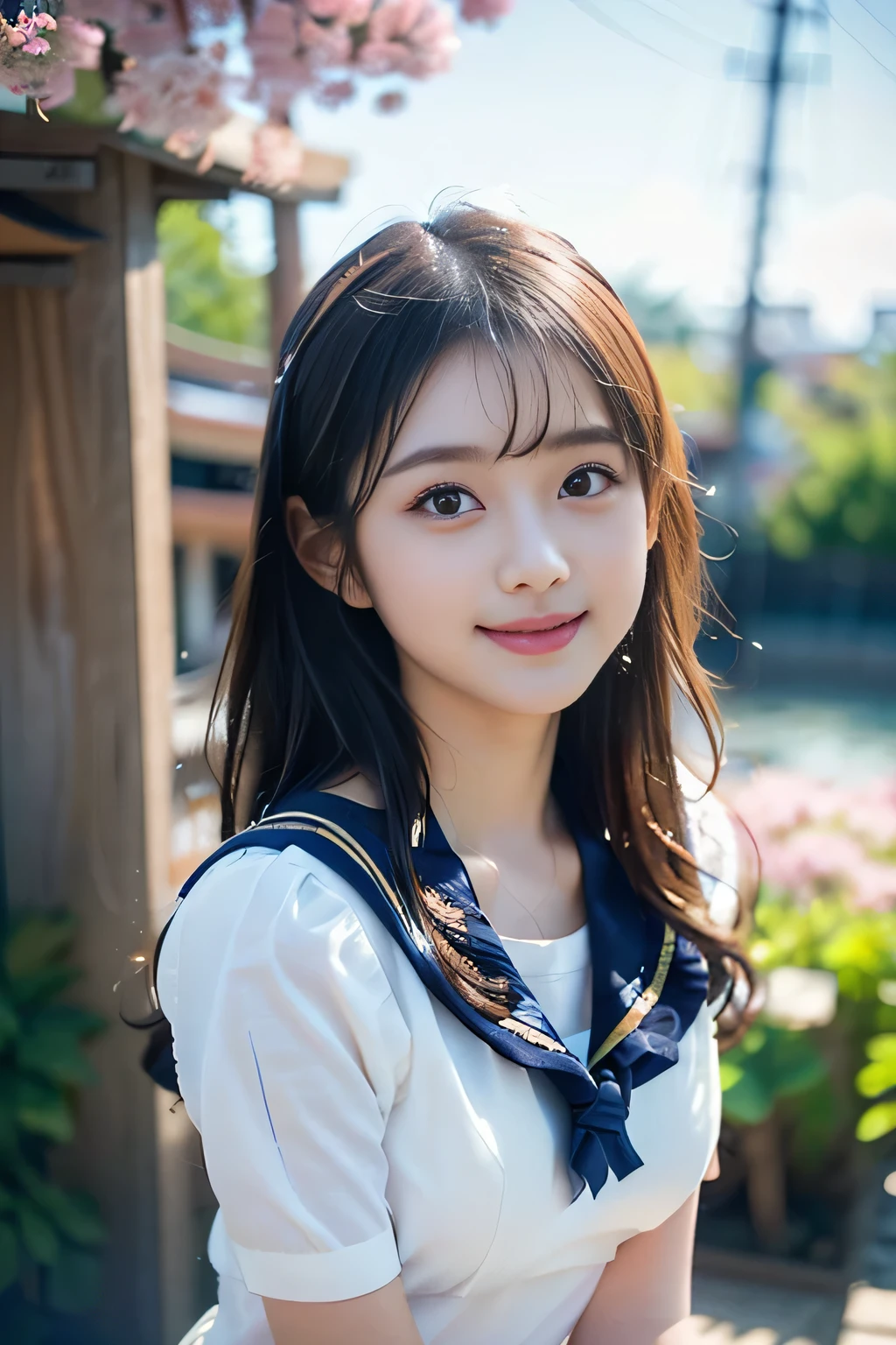 One high school girl、Delicate body shape、(Small breasts:1.5)、Anatomically correct proportions, RAW shooting, 8k、(Use soft focus filter:1.8)、Best Quality, masterpiece, Real photo, Detailed face、Detailed Hair、18 year old beautiful girl、((Beautiful girl like a Japanese idol:1.8))、Upper body photo、In the sunlight filtering through the rows of cherry blossom trees、Cherry blossom blizzard flutters、Shallow depth of field photo、A happy smile、(Photo taken using a soft focus filter:1.8)、Surrounded by bright, soft light、((High school girl wearing a short-sleeved sailor uniform:1.5))、shining eyes、(A photo with a pleasantly blurred person:1.5)