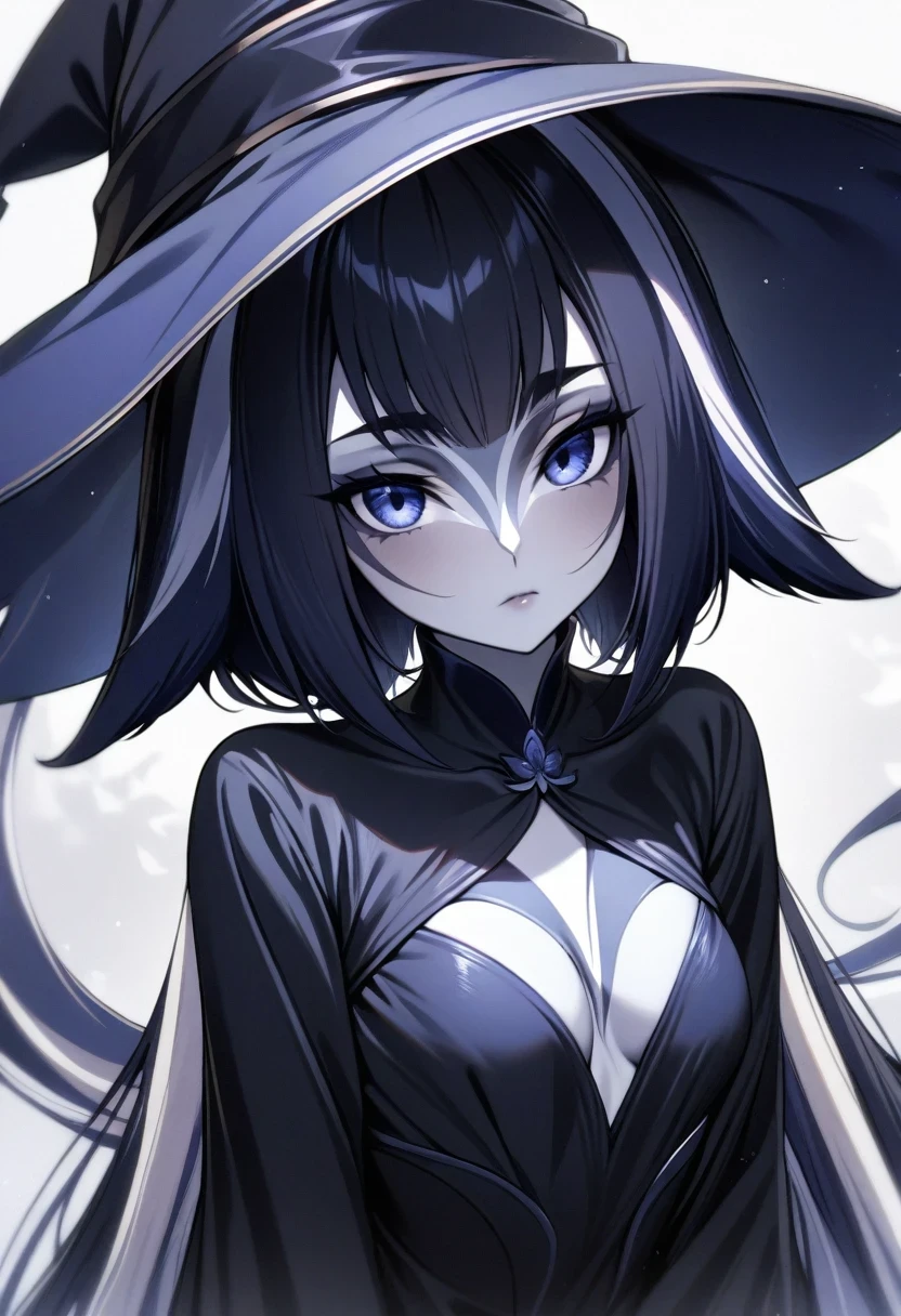 (shylily/(Twich/):1.5),(masterpiece:1.2),(best quality:1.2),, (1girl:1.3),(masterpiece,best quality,ultra-detailed),1girl,black dress,(pale skin), gothic lolita outfit,ruffled dress, witch hat,beautiful and detailed face, detailed eyes,looking at viewer,small chest,((grey theme)),expressionless
