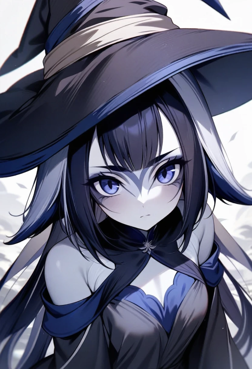 (shylily/(Twich/):1.5),(masterpiece:1.2),(best quality:1.2),, (1girl:1.3),(masterpiece,best quality,ultra-detailed),1girl,black dress,(pale skin), gothic lolita outfit,ruffled dress, witch hat,beautiful and detailed face, detailed eyes,looking at viewer,small chest,((grey theme)),expressionless