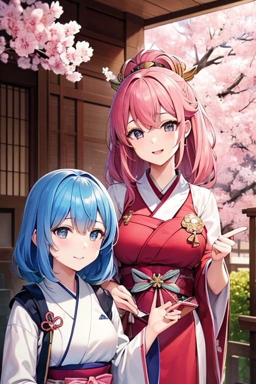 ((highest quality)), ((masterpiece)), (detailed), Perfect Face, Create a detailed prompt for generating a 2-shot image of the Vtubers Sakura Miko and Hoshimachi Suisei in a friendly and adorable pose using an AI image generation tool. The image should capture Sakura Miko with her signature pink hair and idol-like cheerful smile, standing next to Hoshimachi Suisei, who is characterized by her blue hair and sparkling eyes, with both looking at each other. Set against a picturesque Japanese garden backdrop with falling cherry blossoms, they should be dressed in traditional Japanese attire. Sakura Miko is portrayed with a radiant and lively expression, while Hoshimachi Suisei is depicted with a soft and gentle smile, showcasing a bond of friendship and mutual admiration between them. When employing an AI image generation tool, ensure to adjust the prompt to effectively produce the desired depiction, emphasizing the unique traits and the warm relationship of the two Vtubers.