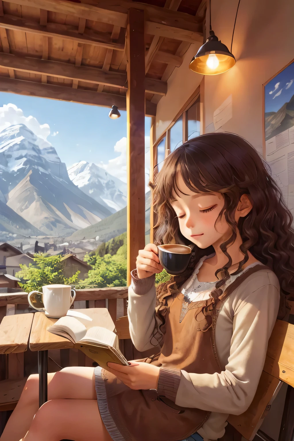 Coffee shop near village, background mountain, girl with 3a curly long hair reading book, cat sleeping