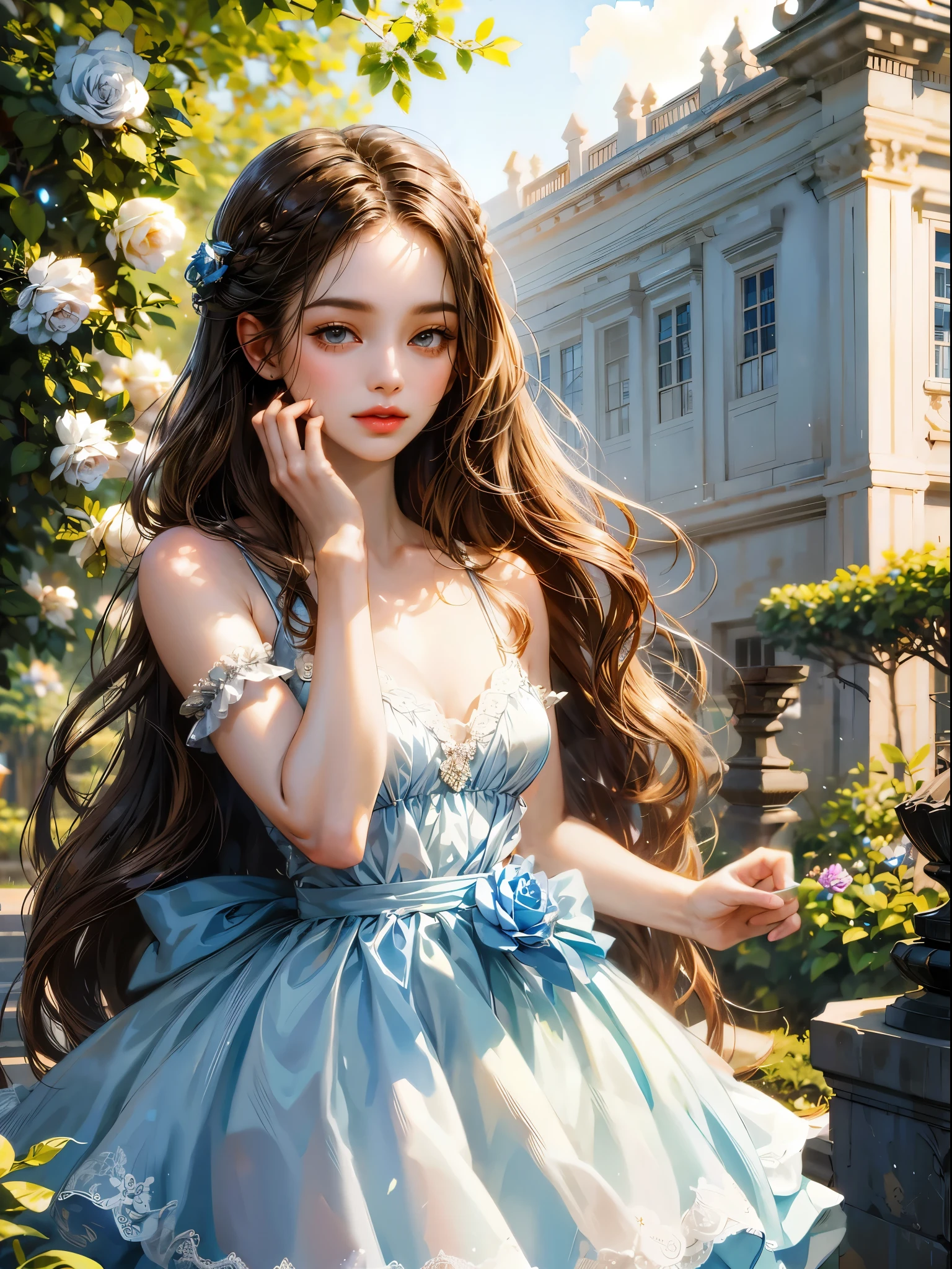 she has her hand on her dress