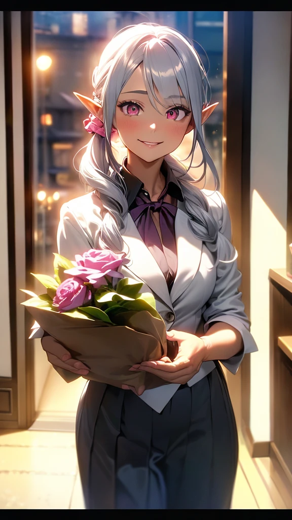 An elf woman, very dark tanned skin, beautiful silver hair, pointed ears, beautiful red eyes, thick pink lips, hair tied up with a hair tie, dark blue jacket, business suit, long skirt, business office. Inside, night, night view window, upper body description, gentle smile, smiling face, open lips, close-up