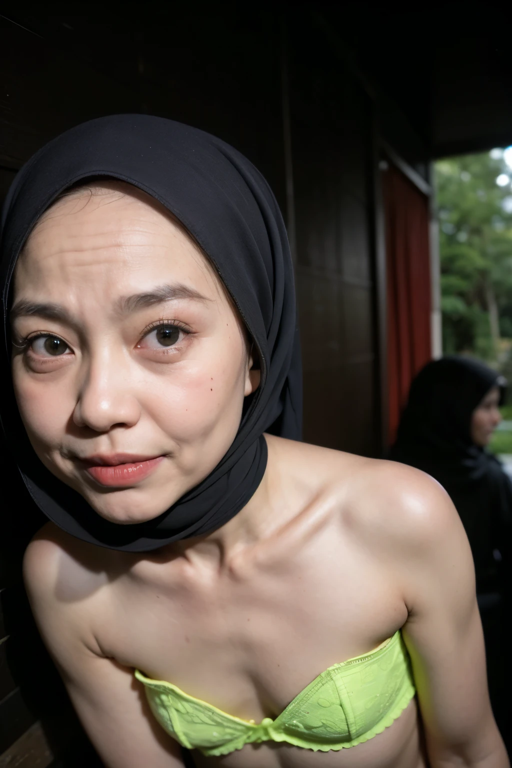 ((Old body lady:1.2)), ((Old lady:1.5)), ((FLAT CHEST:1.6)), (Happy smile), (((HIJAB MALAY GIRL))), masutepiece, High quality, UHD 32K, Realistic face, Realistic skin feeling , A Japanese Lady, 58 years old matured lady, , Very cute and baby-like face, (((FLAT CHEST))), (Night time at forest), ((look In front  at the camera and SADNESS)), (((CUTE GIRL))), ((GREEN FLUORESCENT LIPS)), ((Floral Pattern)) little ((wearing strapless bra)), strapless colorful bra, dark night background , black forest night, horror scary place, (from behind up) seductive pose