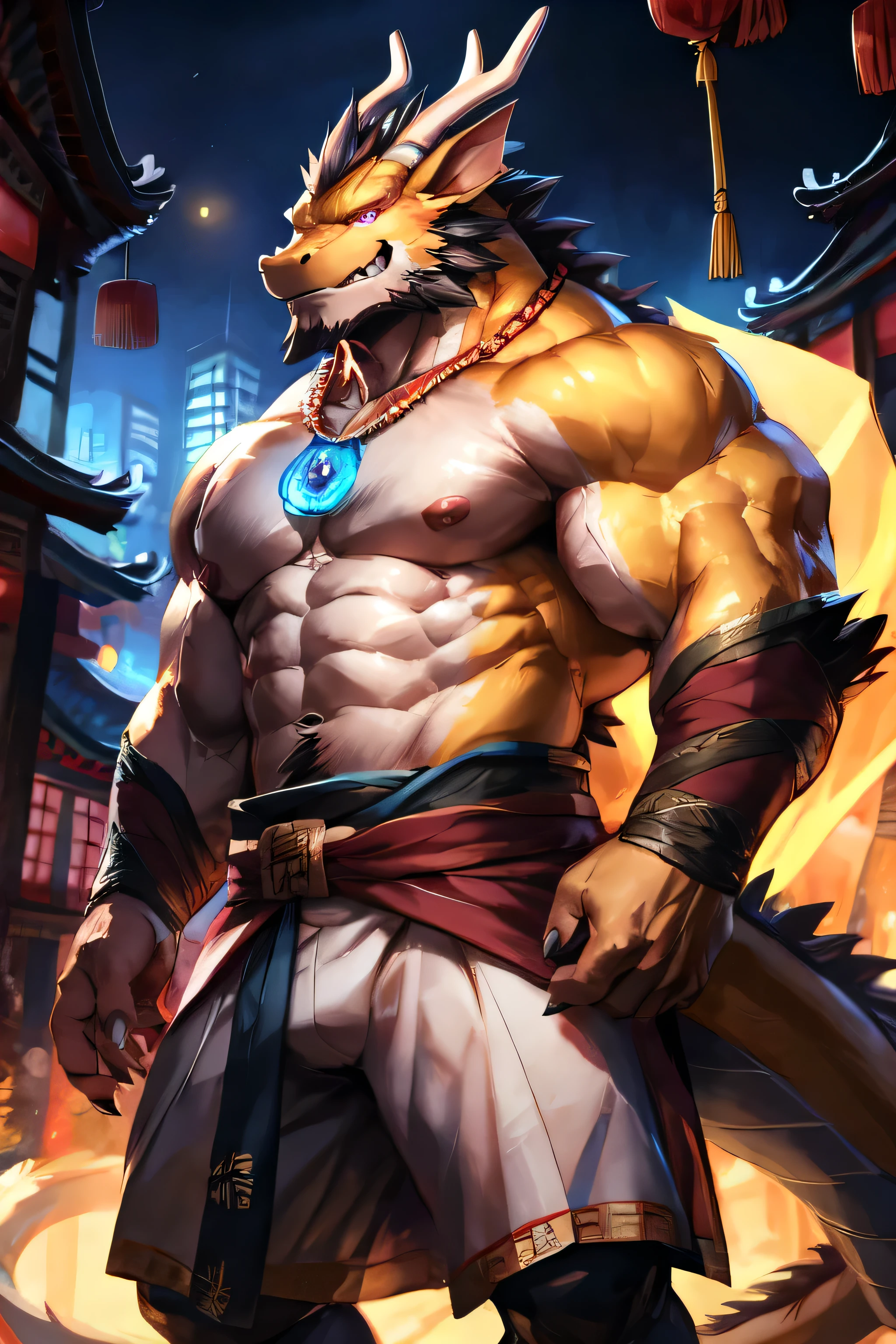antro dragon:2.5, male , (((yellow chinese dragon))):2.5, (((yellow eastern dragon))):2.5, (strong beefy muscular body), (abs, strongmuscles, 8 pack), furry, handsome, (ultra detailed eyes, mauve color eyes, sharp eyes), (((without wings))), mid-autumn festival, night, traditional, detailed scene,full body, (traditional chinese attire),hanfu, shirtless, topless, pink nipples, (by null-ghost:0.8, by lindong:0.2), (full body), wearing random pattern necklace, claws