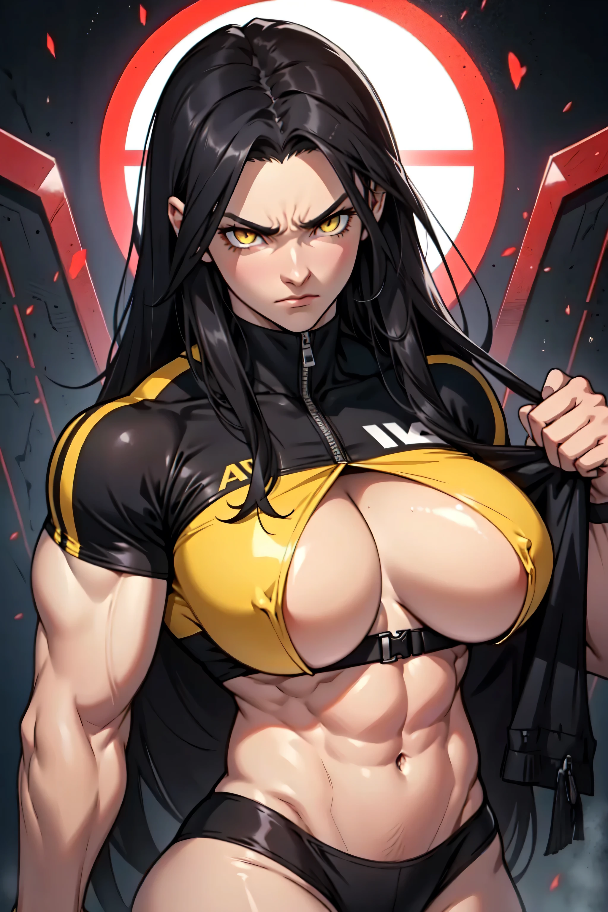 1girl black hair yellow eyes very long hair pale skin angry bodybuilder huge breasts muscular toned body long abs