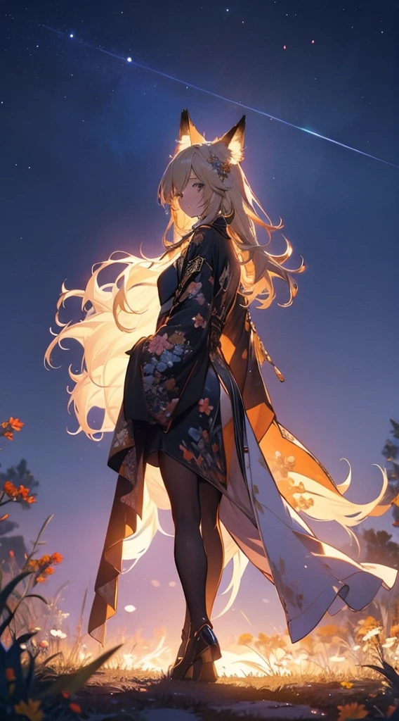 1people々々々々々,Blonde long-haired woman,Fox Ears,Long coat, Dress Silhouette, Rear View,Space Sky, Flower Field,Colorful flowers
