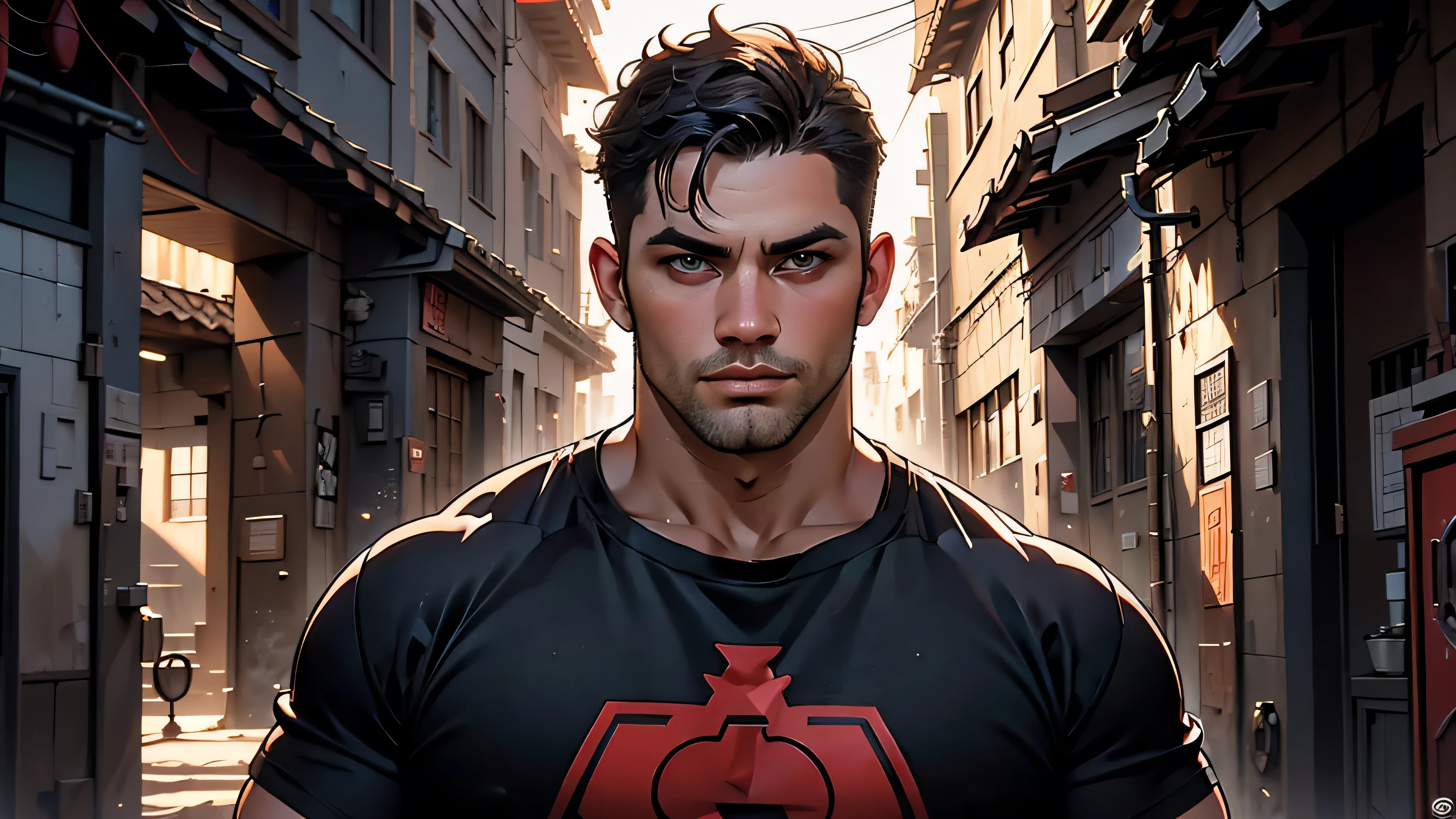 Um homem forte, shirt with a heroic logo using the letter C, in an alert position in a dimly lit alley, anatomia humana perfeita, High definition, detalhes precisos, paleta de cor avermelhada, No deformation