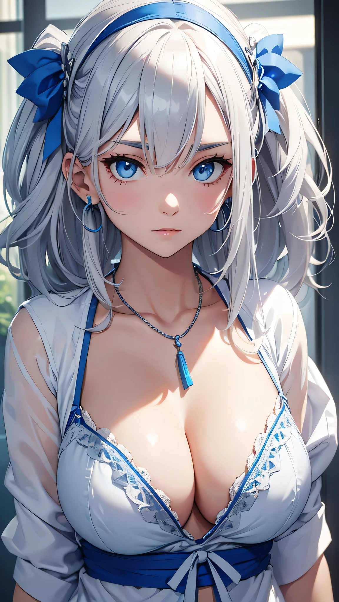Beauty, Gray Hair, blue eyes,White open front shirt、White underwear, Big Tits、to close range、Blue Necklace、Blue earrings、head band