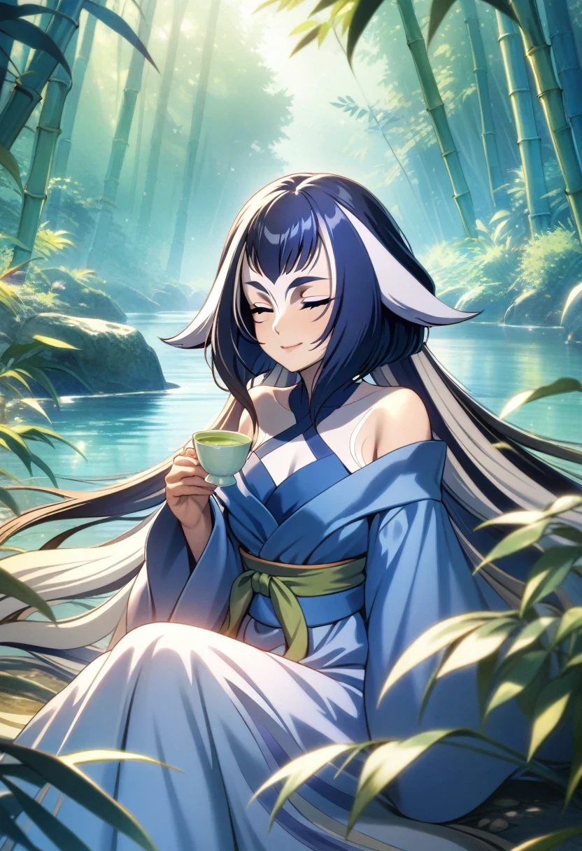 (shylily/(Twich/):1.5),(masterpiece:1.2),(best quality:1.2),, (1girl:1.3),, official art, 8k wallpaper, highly detailed, illustration, 1 girl, long hair, detailed eyes, forrest, bare shoulders, hanfu,lakes, pure, soft smile,bamboo,Tea