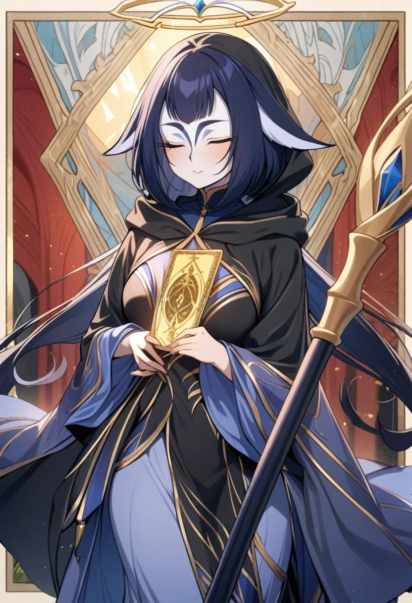 (shylily/(Twich/):1.5),(masterpiece:1.2),(best quality:1.2),, (1girl:1.3),tarot card, 1girl, border, golden border, golden card, golden tarot card, priest, holding staff, golden halo, thick robes, cowboy shot, bust, thick multilayered dress, intricate details, intricately detailed, detailed border, red color, black color, princess, princess hair, long hair, dull, pastel colors, dull pastel colors, hood, eyes closed, holding staff, hooded, black hood