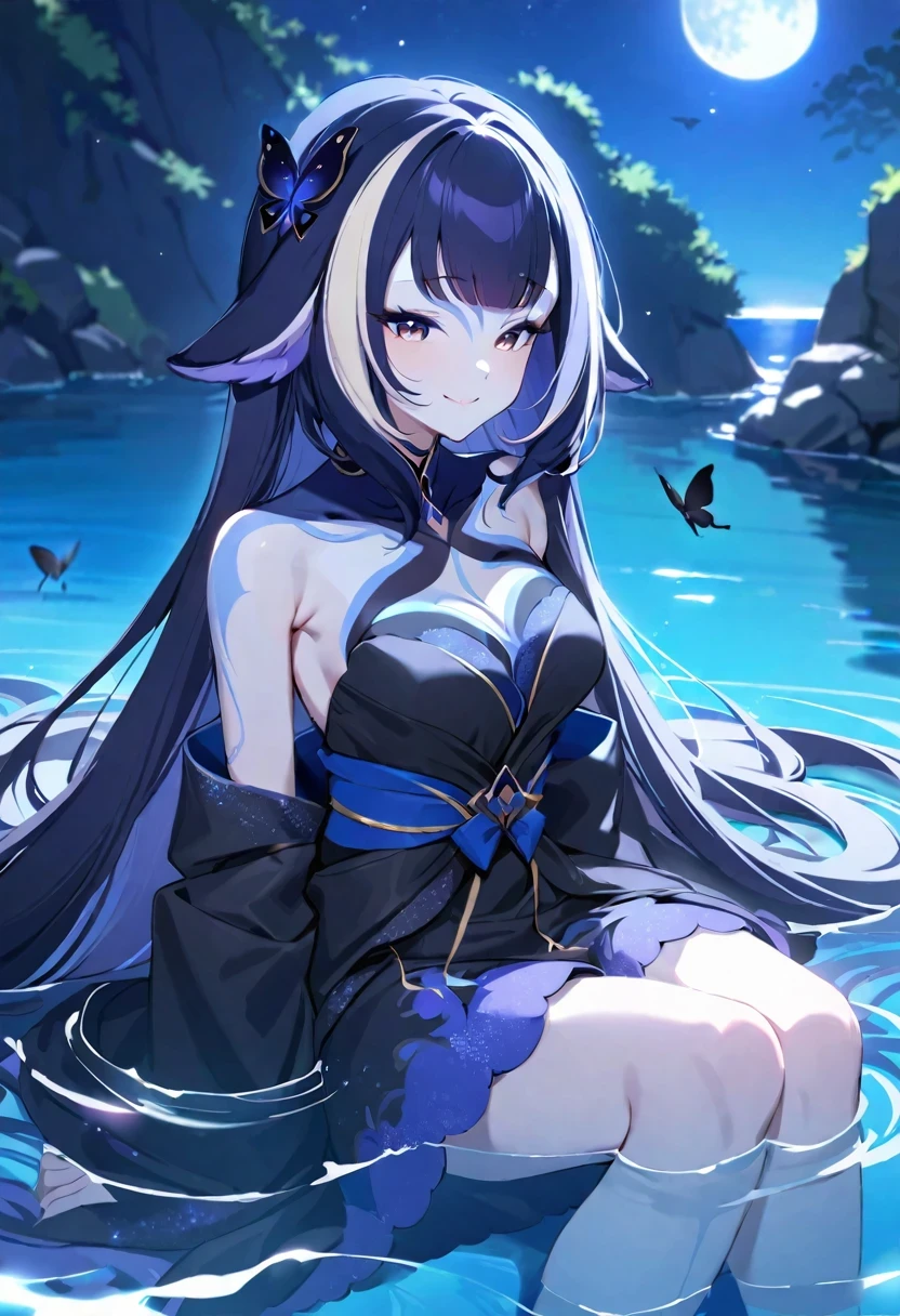 (shylily/(Twich/):1.5),(masterpiece:1.2),(best quality:1.2),, (1girl:1.3),32k, perfect body, cute , cute smile, cute dress, long hair, black dress, ((black butterfly)), ((black butterfly hair ornament)), ((black butterfly shaped brooch)), ((black butterfly dress)), ((black ligth particle)), (((beautiful quality))), ((black kimono)), ((black Japanese clothing)), (((the floor is on the water))), ((full moon)),
